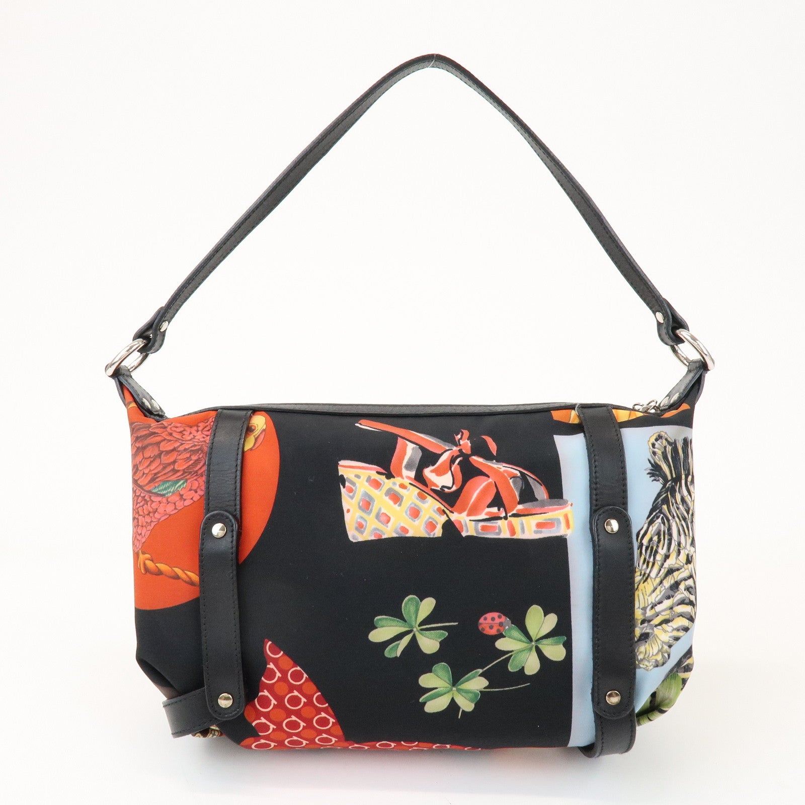 Ferragamo Nylon Leather Shoulder Bag Black Multicolor Animal