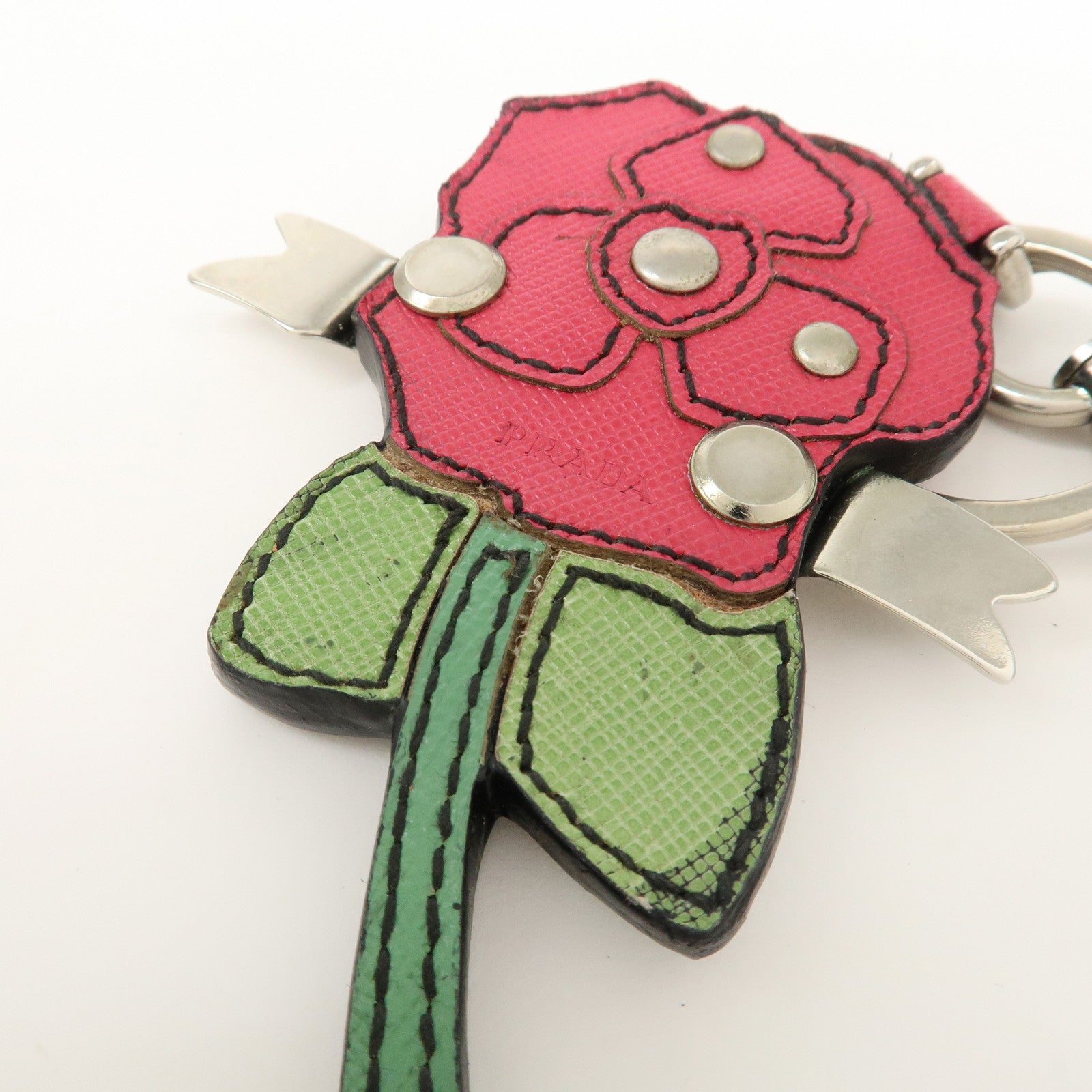 PRADA Rose Motif Leather Bag Charm Key Chain Red Green 1AR290