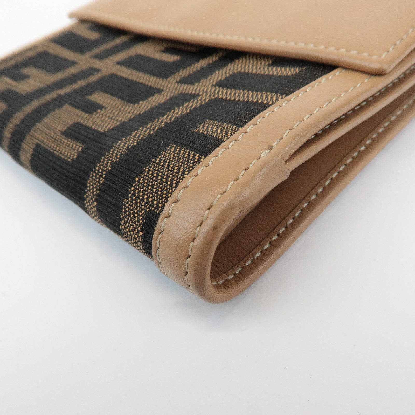 FENDI Zucca Leather Canvas Double Hook Bi Fold Wallet Beige 8M0035 Used