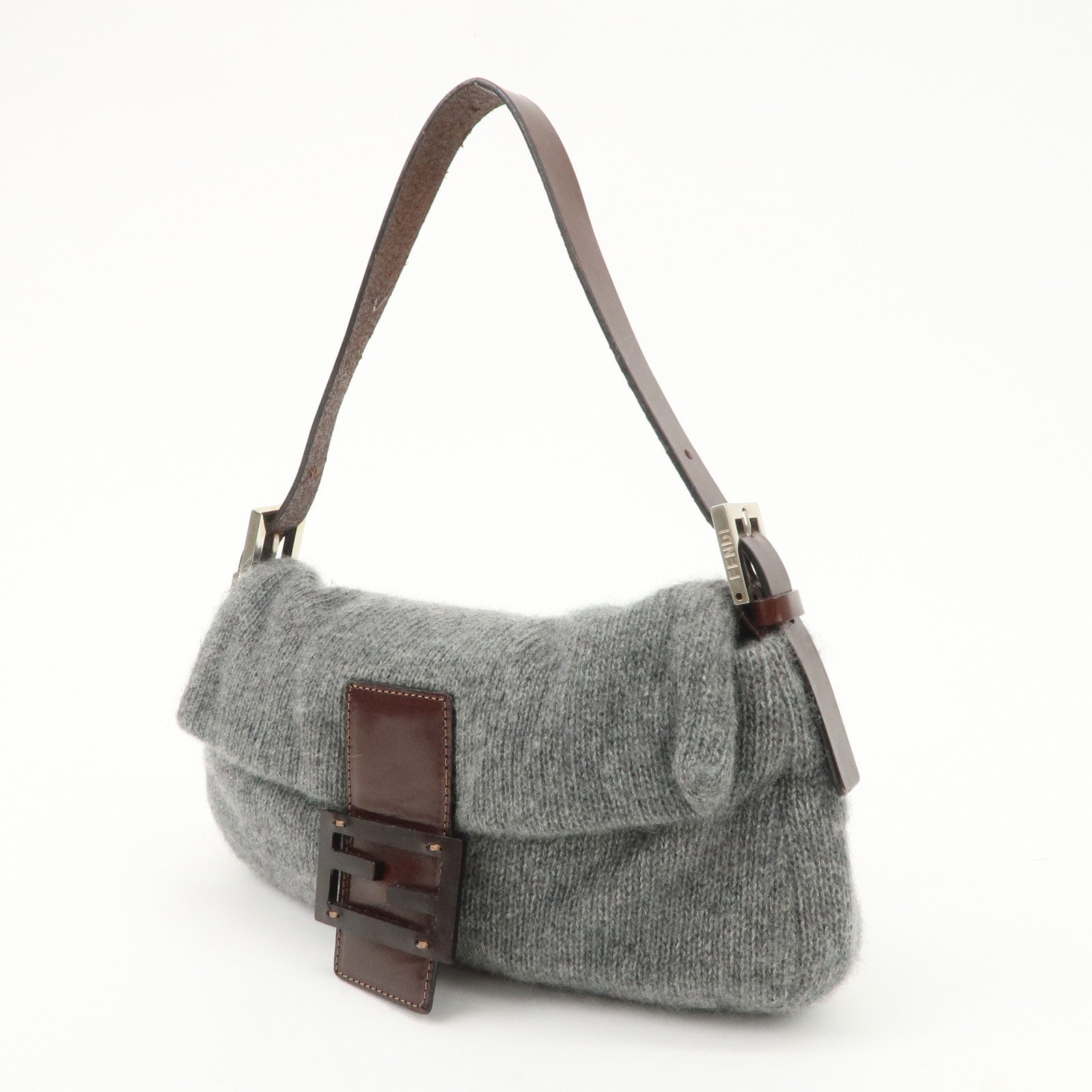 FENDI Mamma Baguette Wool Leather Shoulder Bag Brown Gray 26424