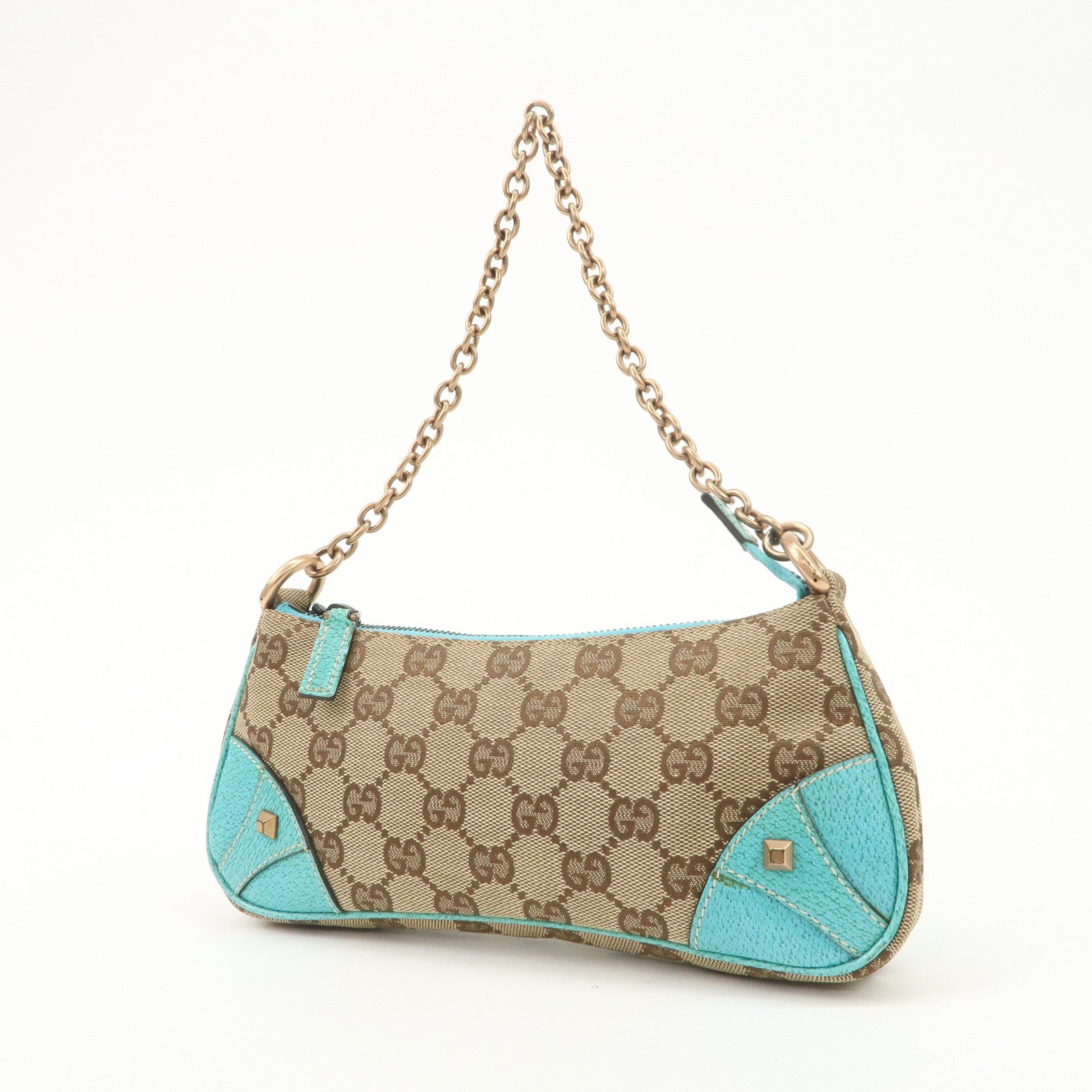 GUCCI GG Canvas Leather Chain Shoulder Bag Beige Turquoise Blue 120940 Used