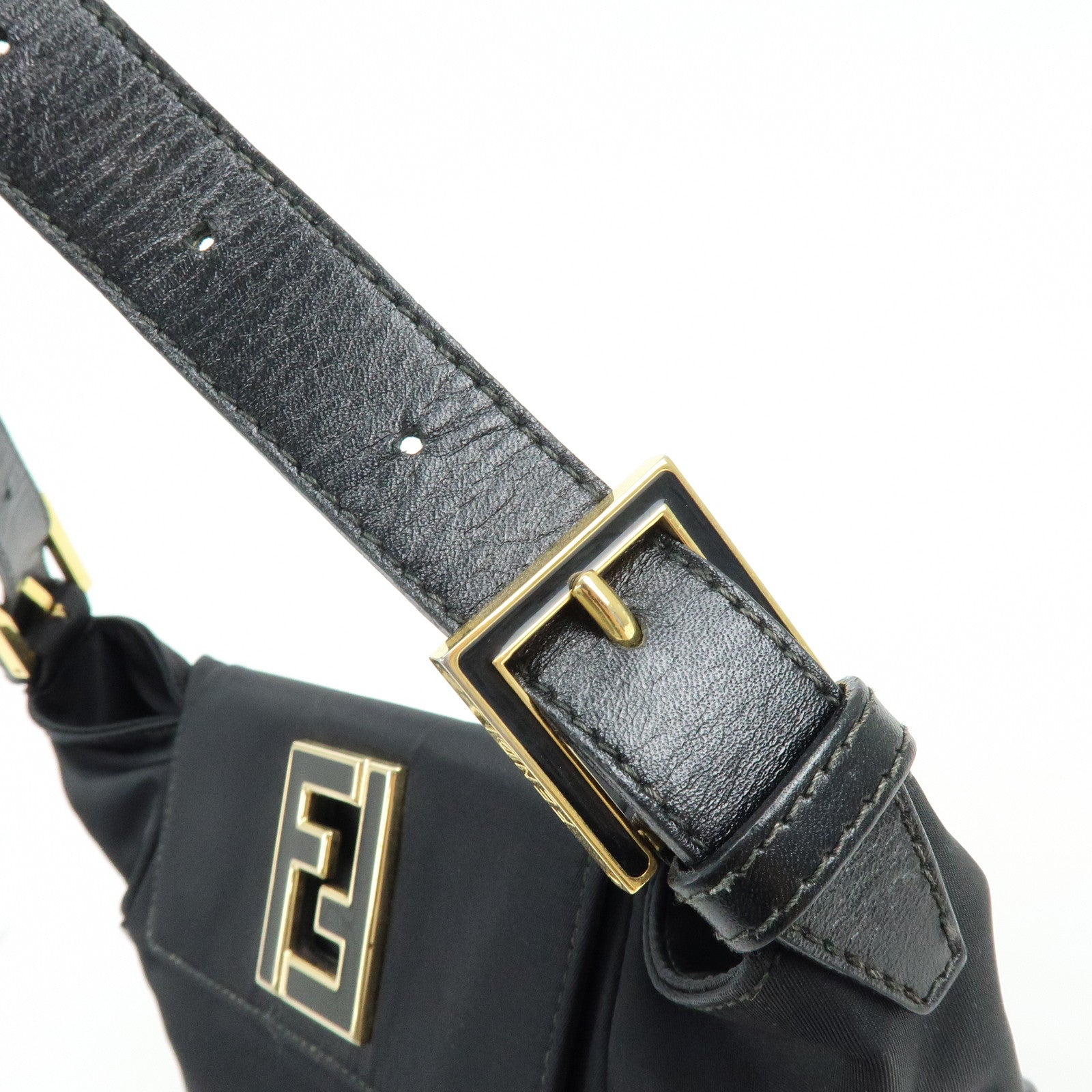 FENDI Nylon Leather Hand Bag Shoulder Bag Black 15333