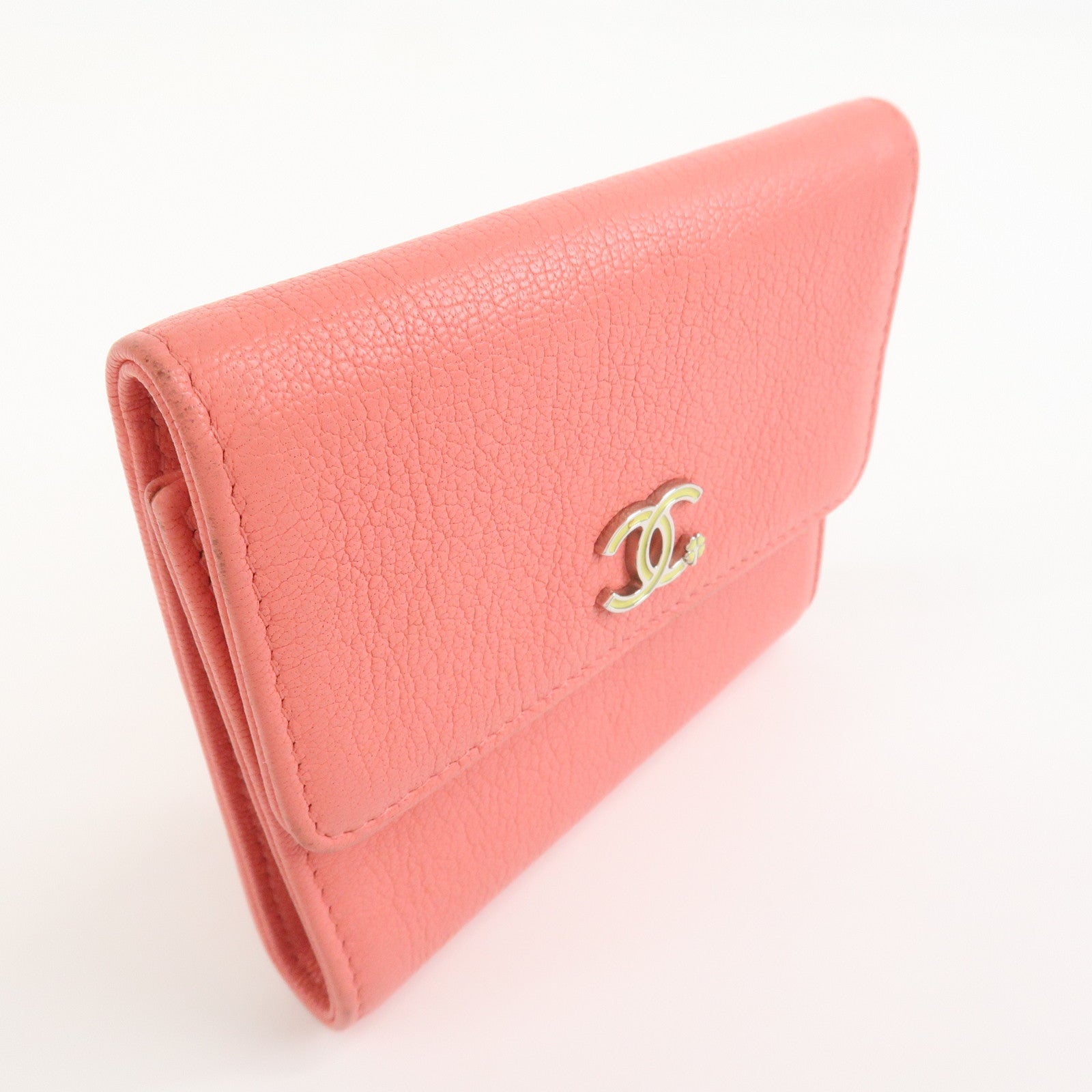 CHANEL COCO Mark Calf Leather Compact Wallet Clover Motif Pink