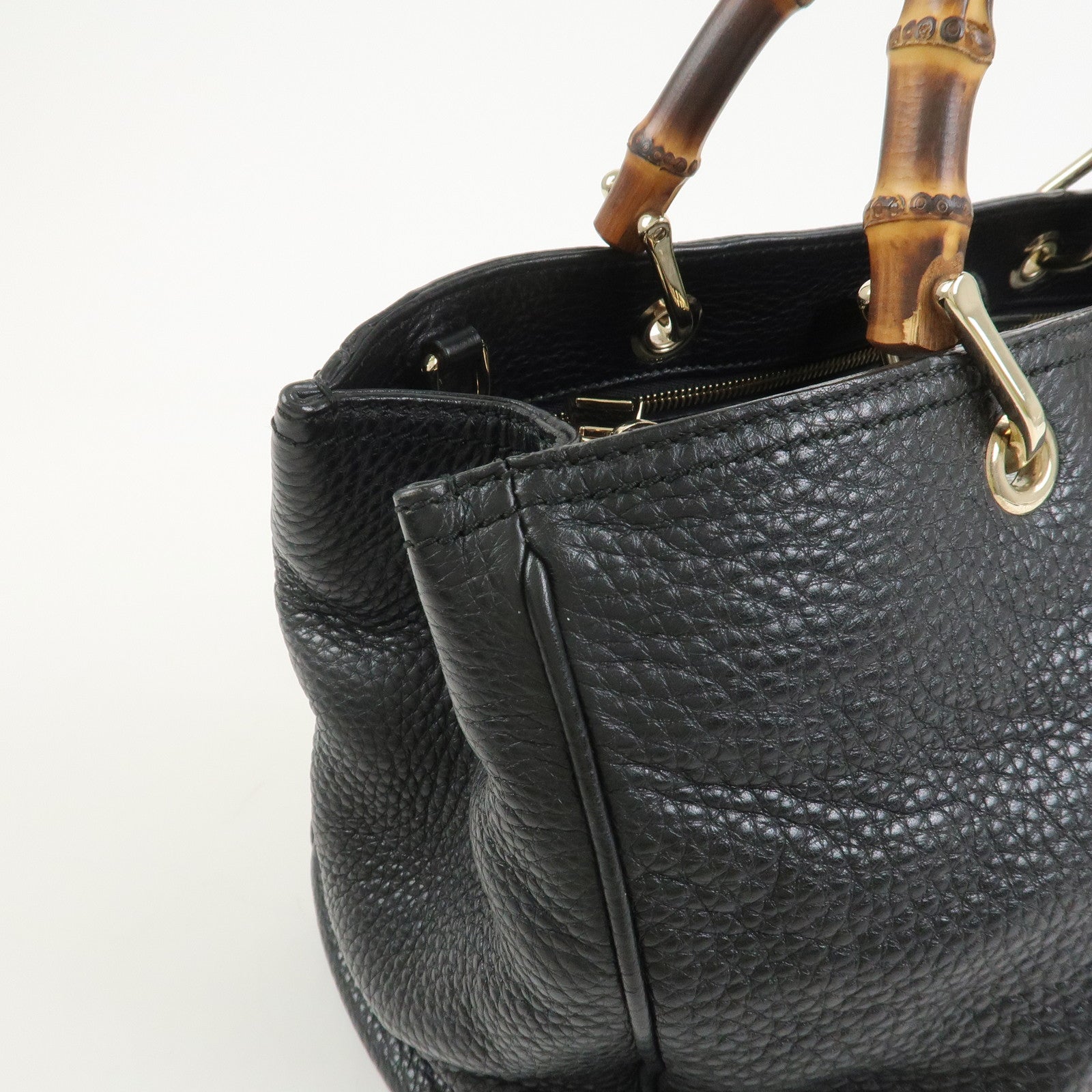 GUCCI Bamboo Shopper Medium Leather 2Way Shoulder Bag Black 323660