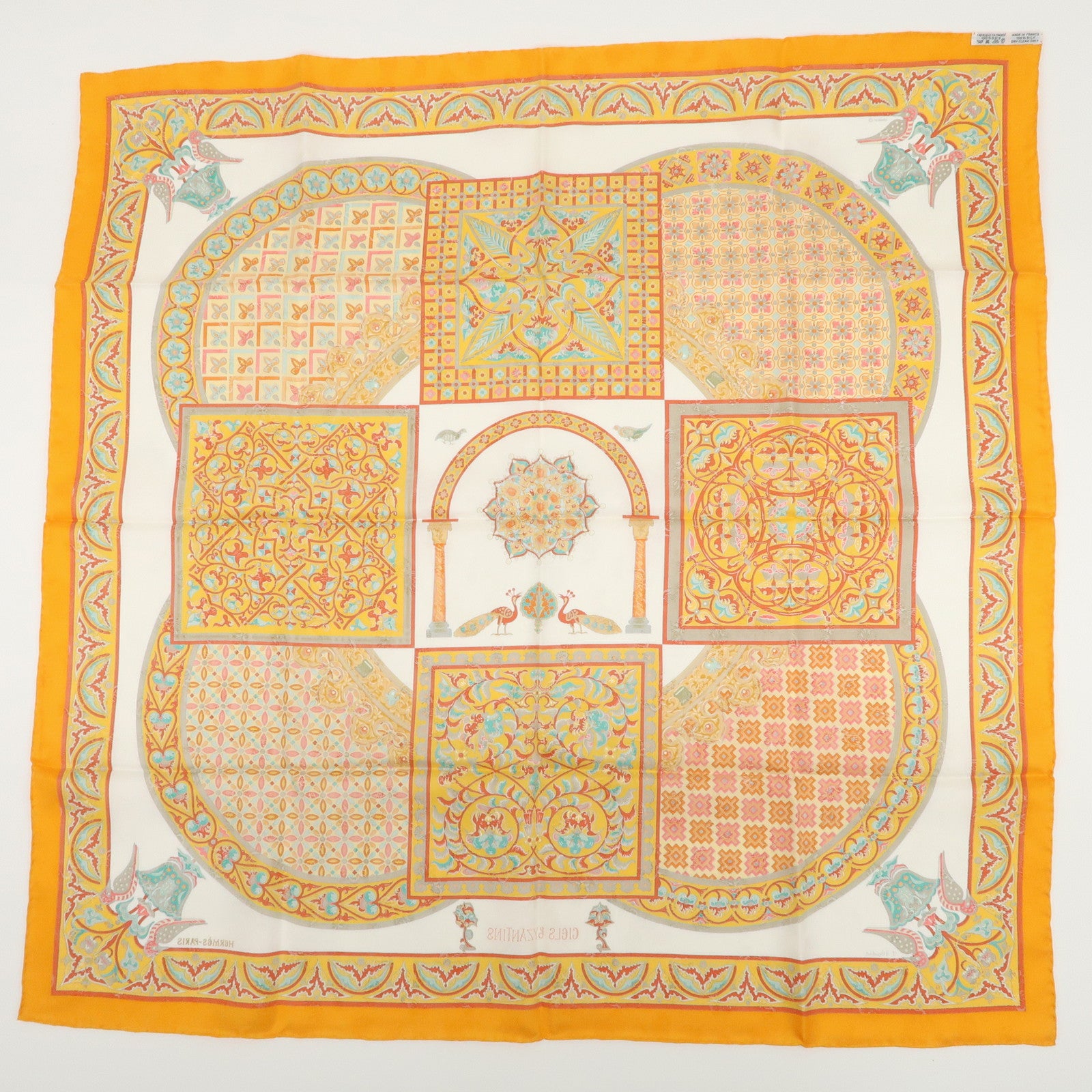HERMES Carre 90 Silk 100% Scarf CIELS BYZANTINS Orange White