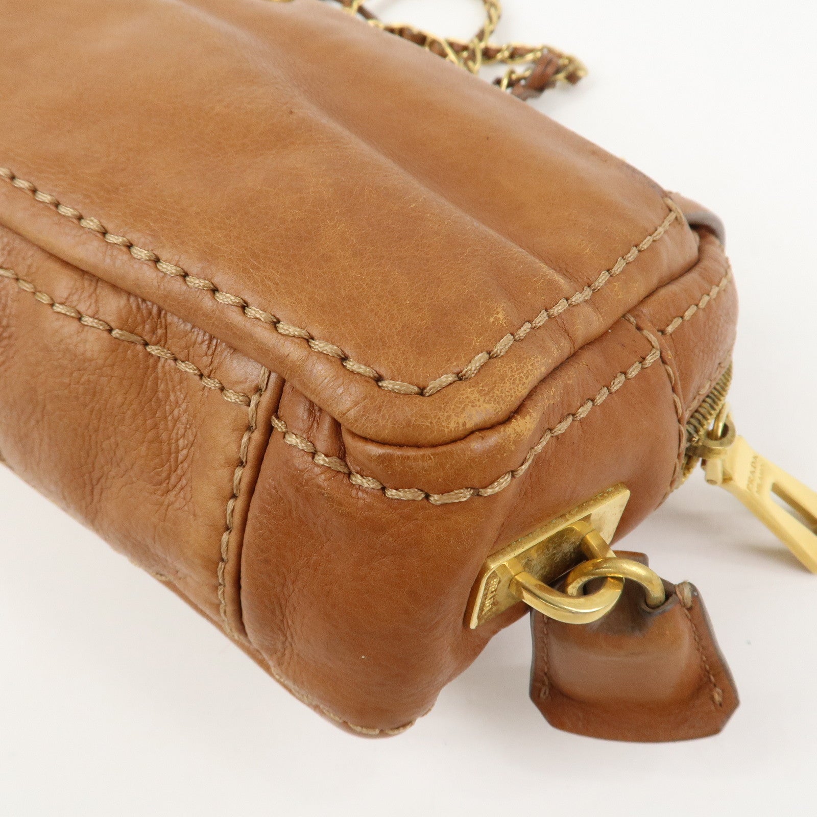 PRADA Logo Leather Chain Shoulder Bag Crossbody Bag Camel