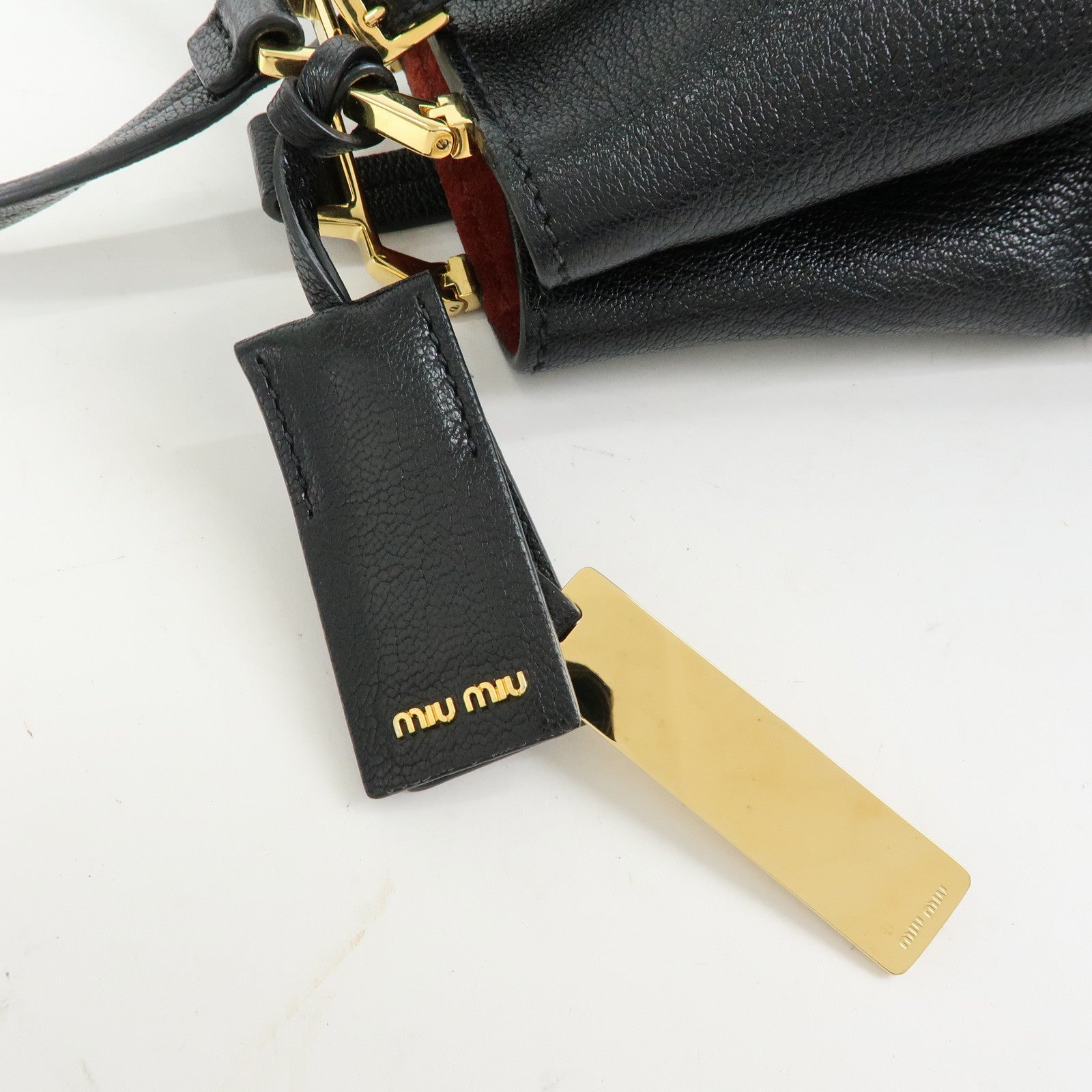 MIU MIU Logo Madras Leather Tote Bag Shoulder Bag Hand Bag Black