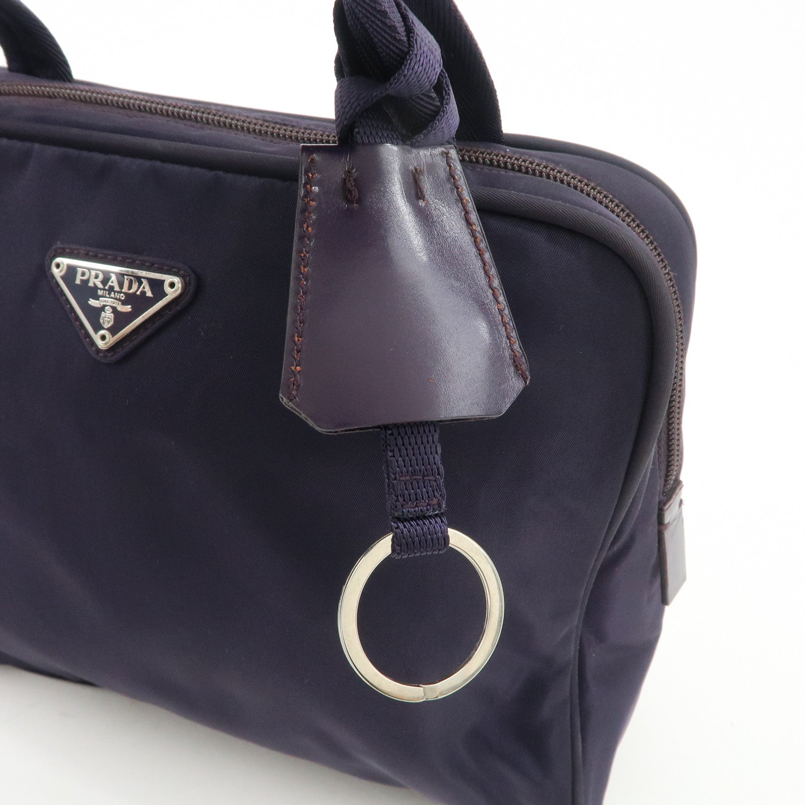 PRADA Triangle Logo Leather Nylon Hand Bag Purple B8495