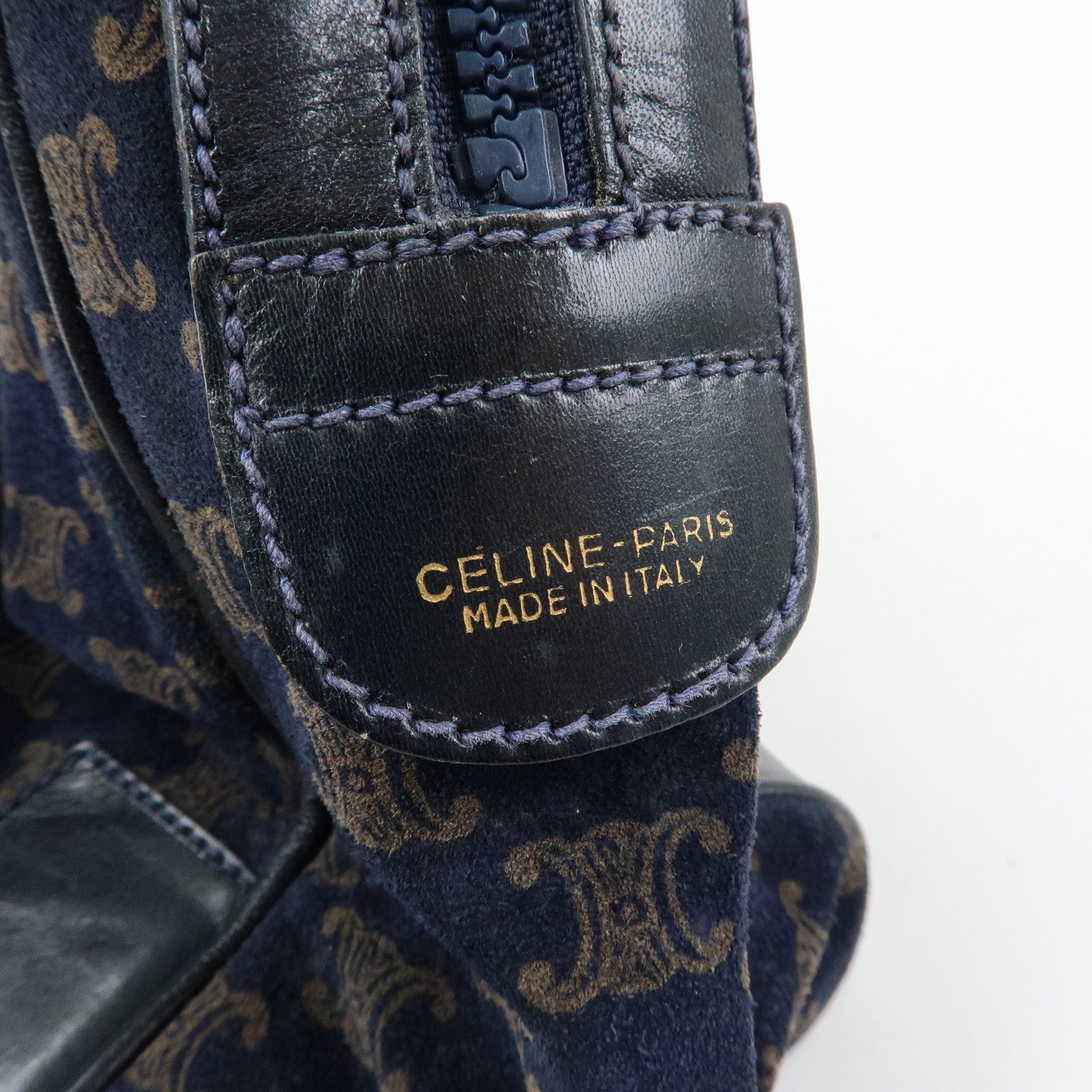 CELINE Macadam Leather Suede Hand Bag Boston Bag Navy