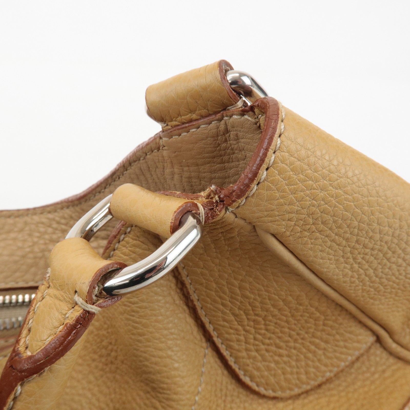 PRADA Leather Shoulder Bag Hand Bag Beige Silver HDW Used