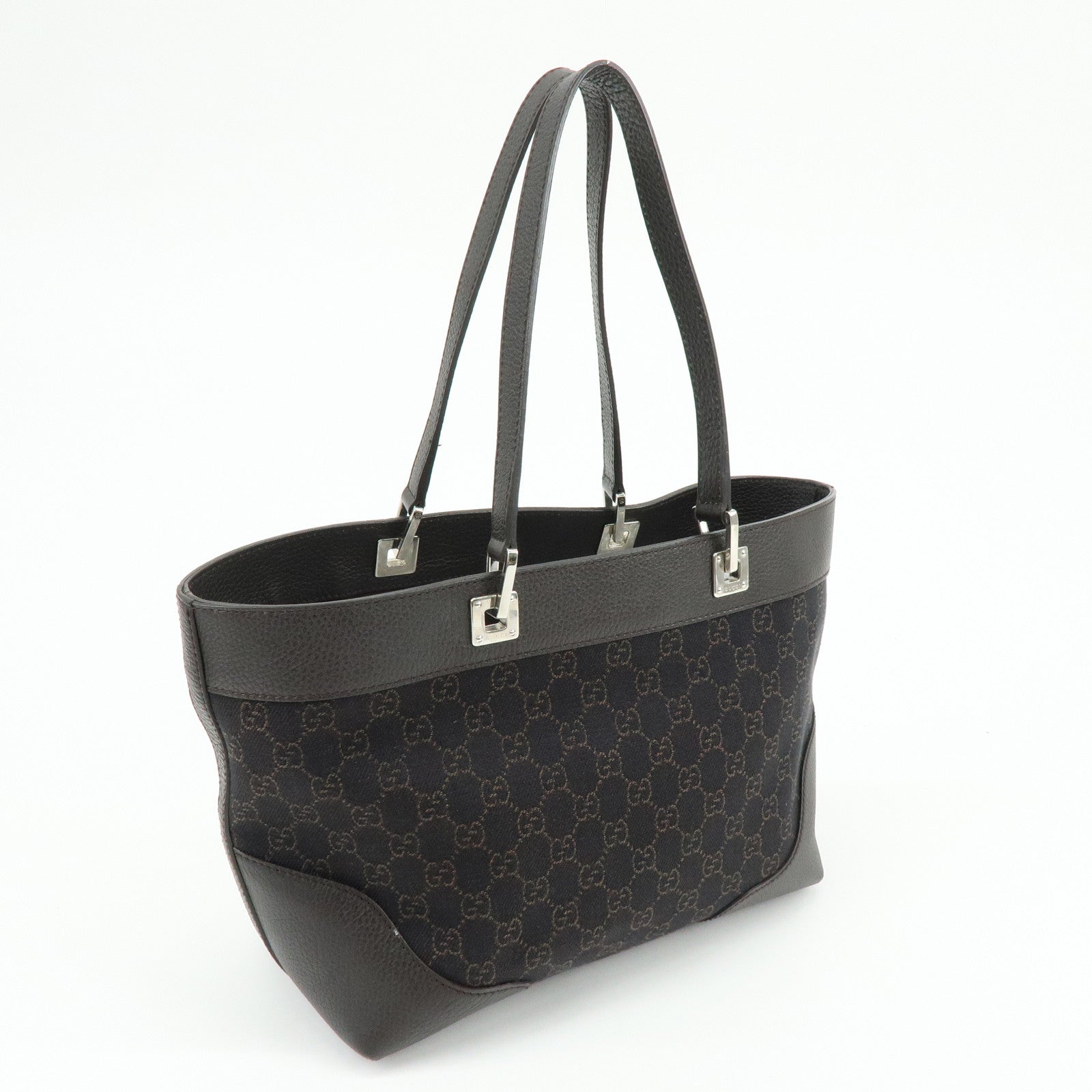 GUCCI GG Canvas Leather Tote Bag Shoulder Bag Black 289719