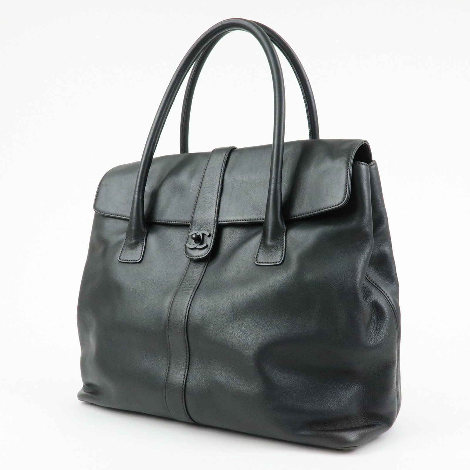 CHANEL COCO Mark Calf Leather Boston Bag Hand Bag Black