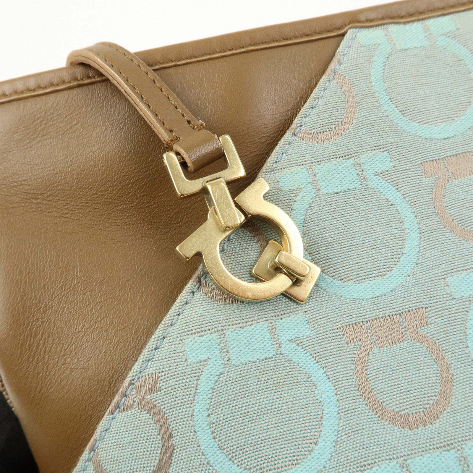 Ferragamo Gancini Logo Canvas Leather Shoulder Bag Light Blue Brown