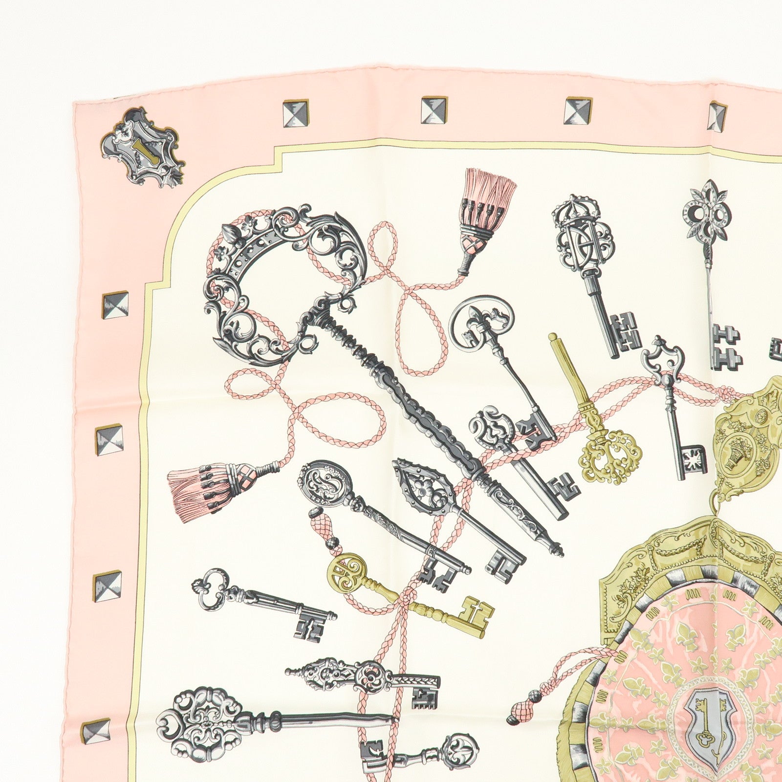 HERMES Carre 90 Silk 100% Scarf LES CLES THE KEYS RARE Ivory Pink