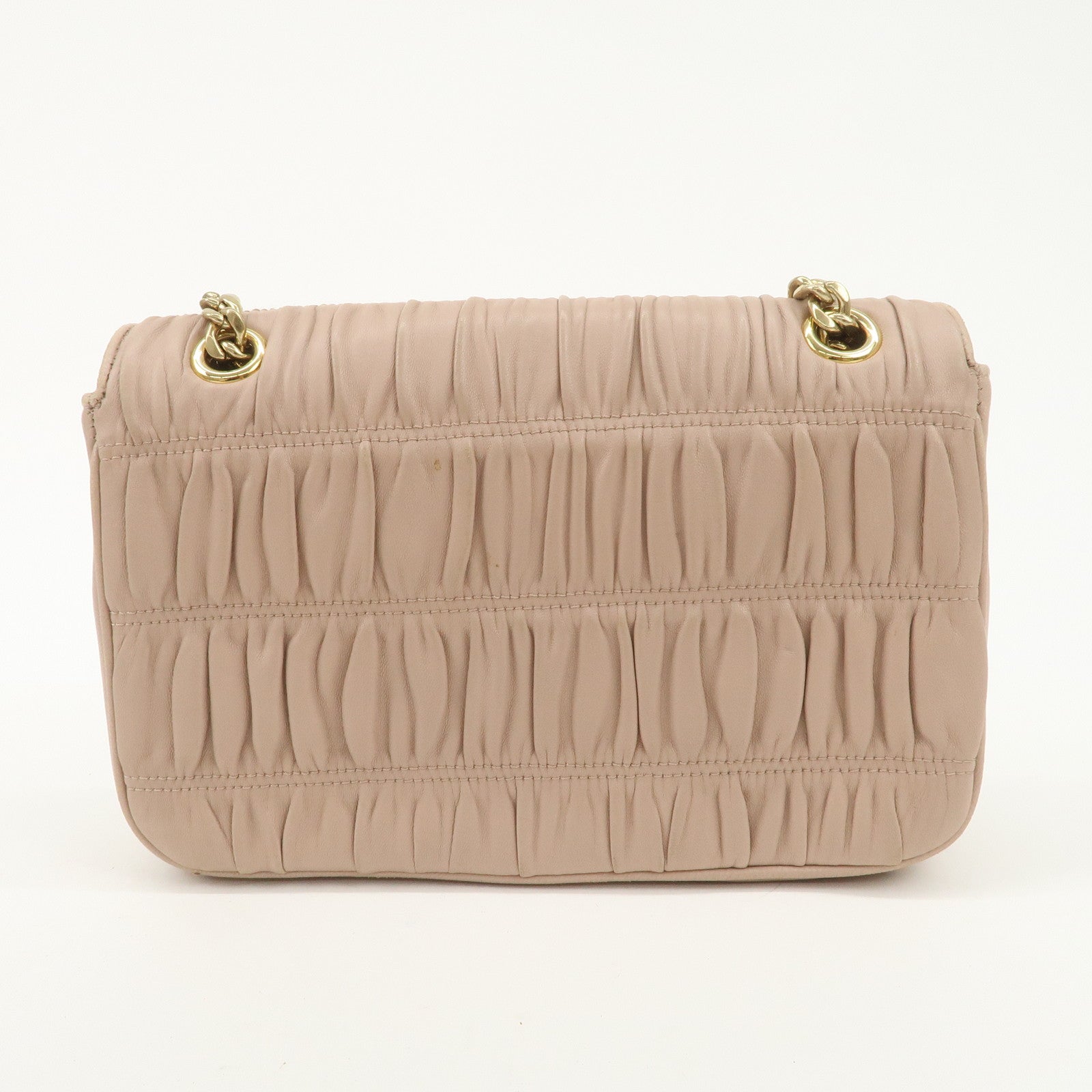 PRADA Logo Leather Gathered Chain Shoulder Bag Pink Beige 1BD147