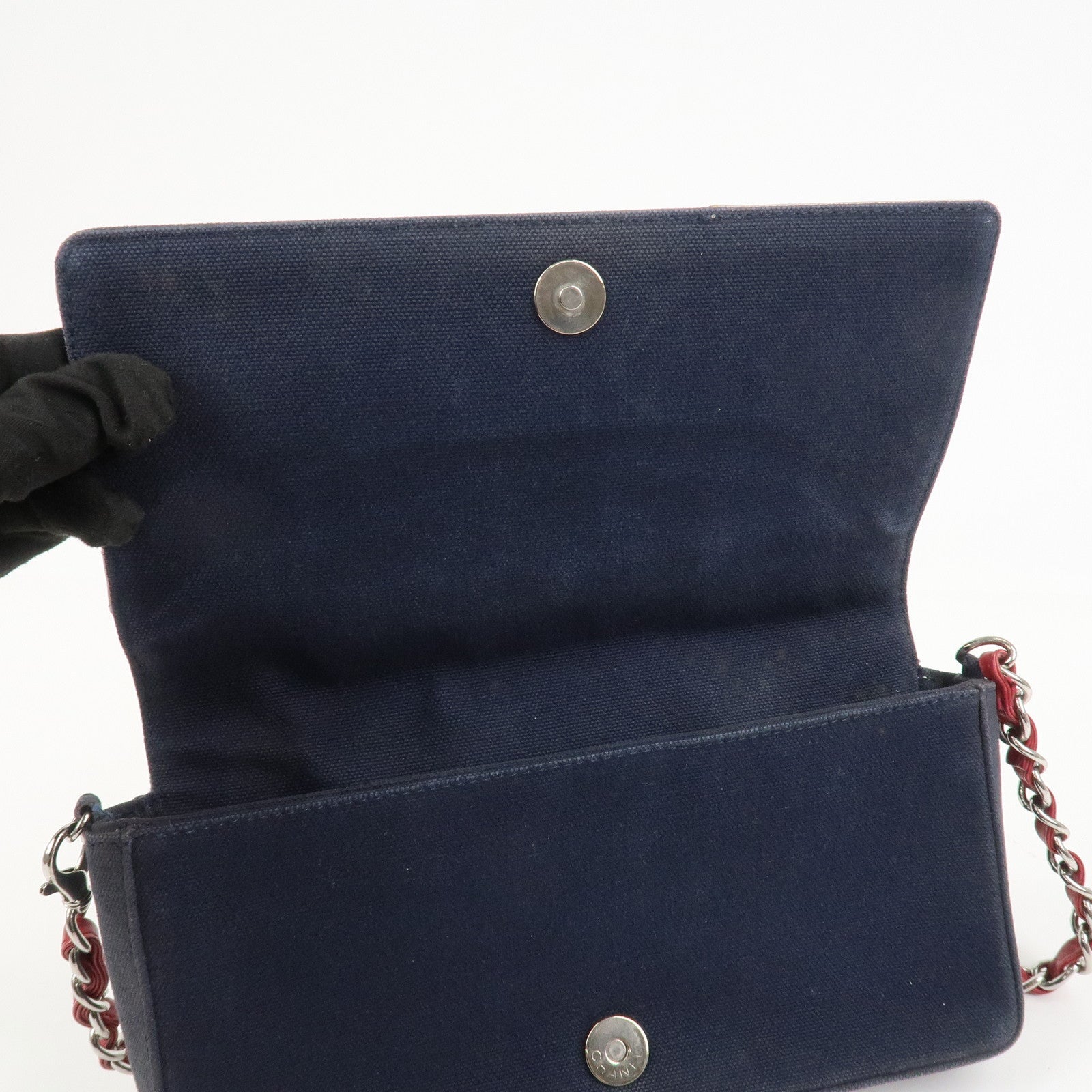 CHANEL No.5 Canvas Leather Chain Shoulder Bag Hand Bag Navy Silver