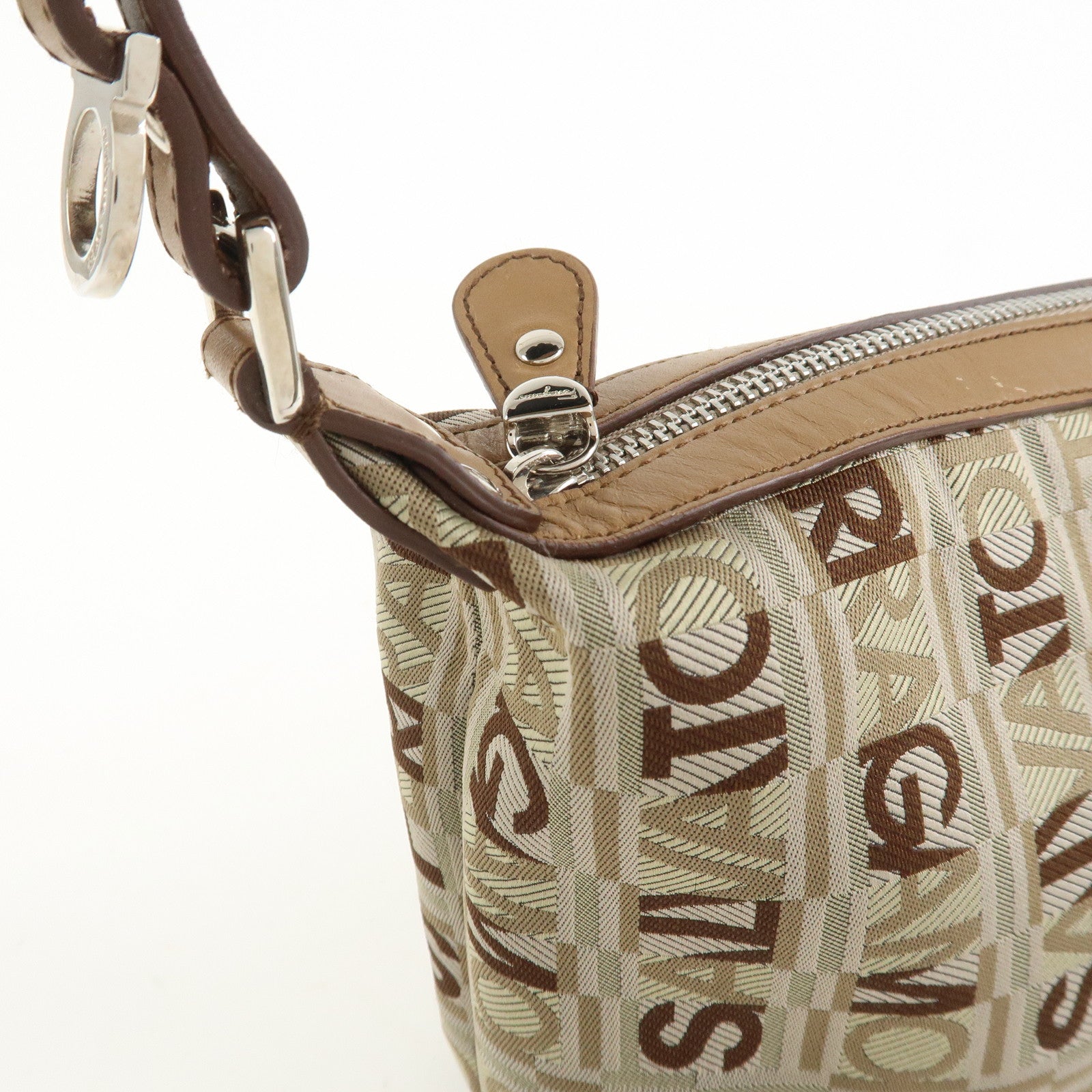 Ferragamo Logo Canvas Leather Hand Bag Shoulder Bag Beige Brown