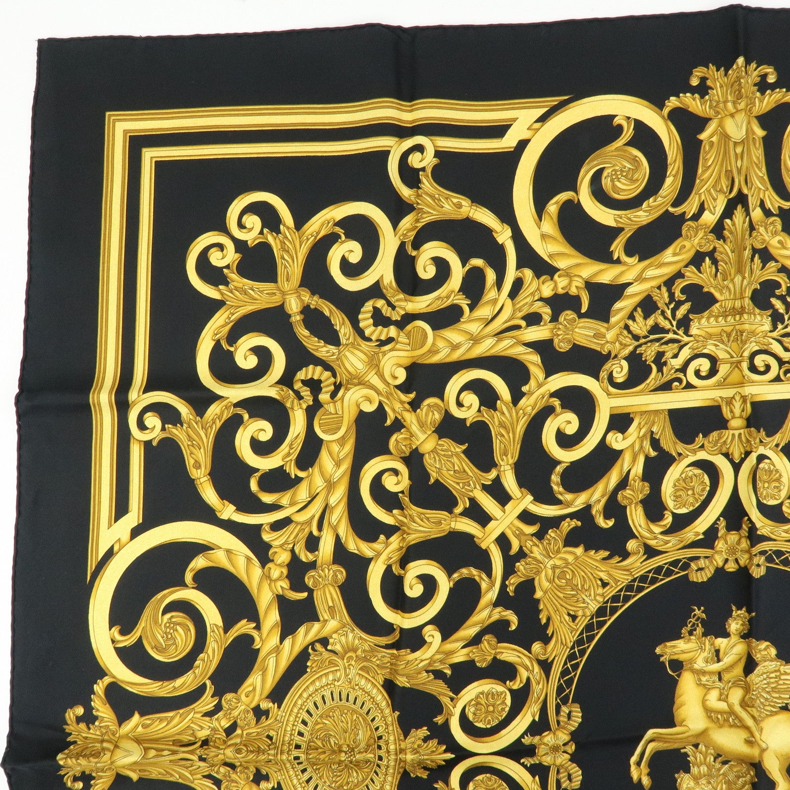 HERMES Carre 90 Silk 100% Scarf LES TUILERIES Black Gold