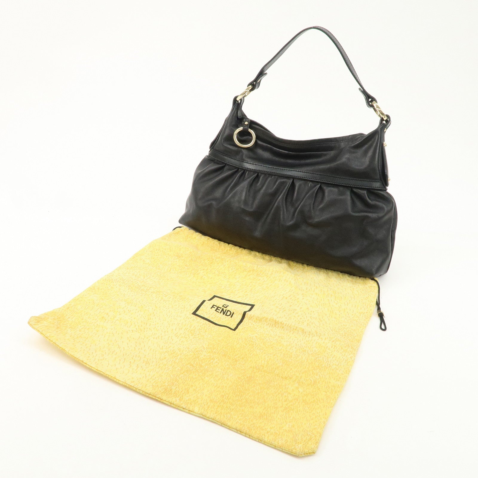 FENDI Leather Shoulder Bag Hand Bag Black Gold Hardware 8BR344 Used