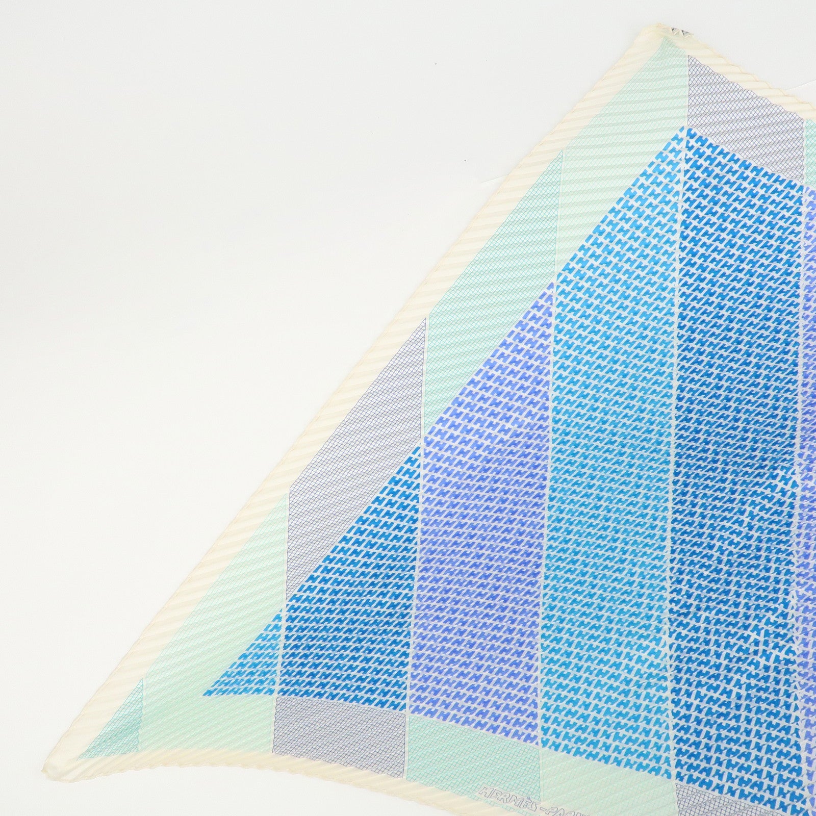HERMES Pleated Carré Scarf Silk 100% H Logo Blue