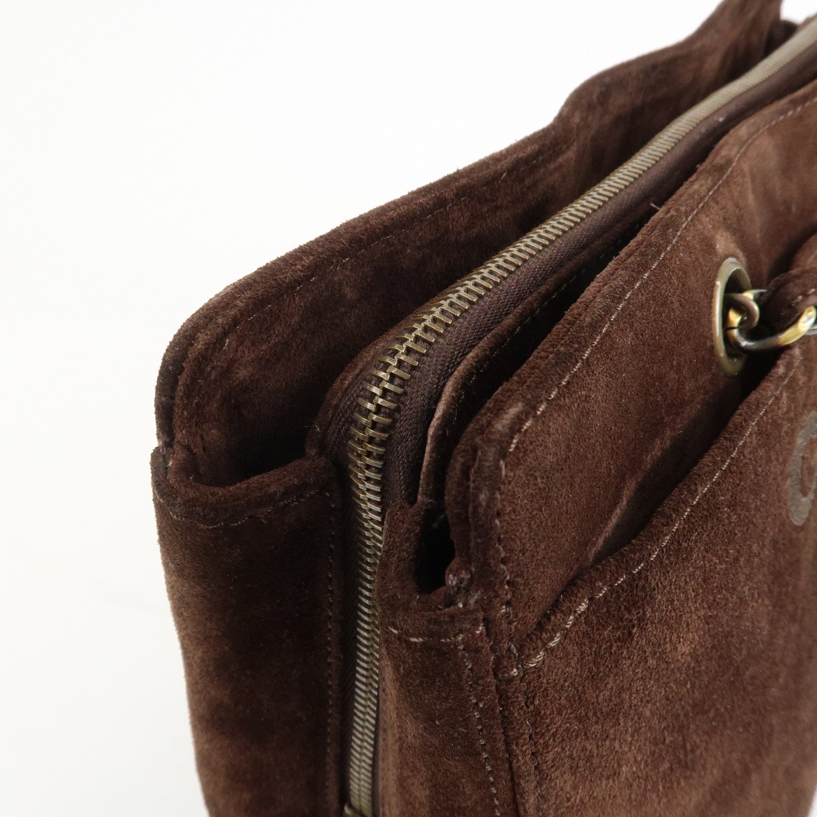 CHANEL Logo Suede Chain Tote Bag Shoulder Bag Brown