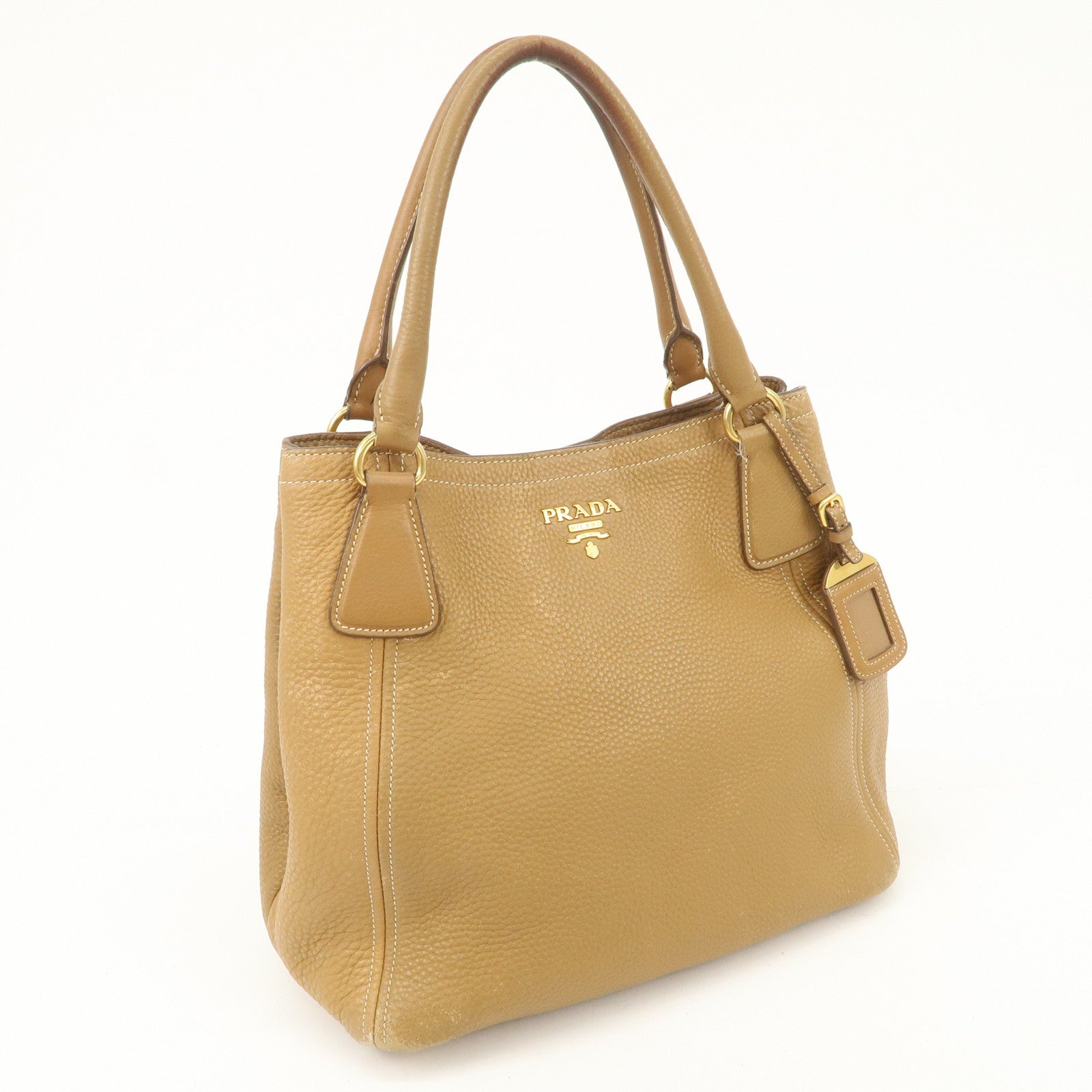 PRADA Leather Tote Bag Hand Bag Shoulder Bag Beige Gold HDW Used