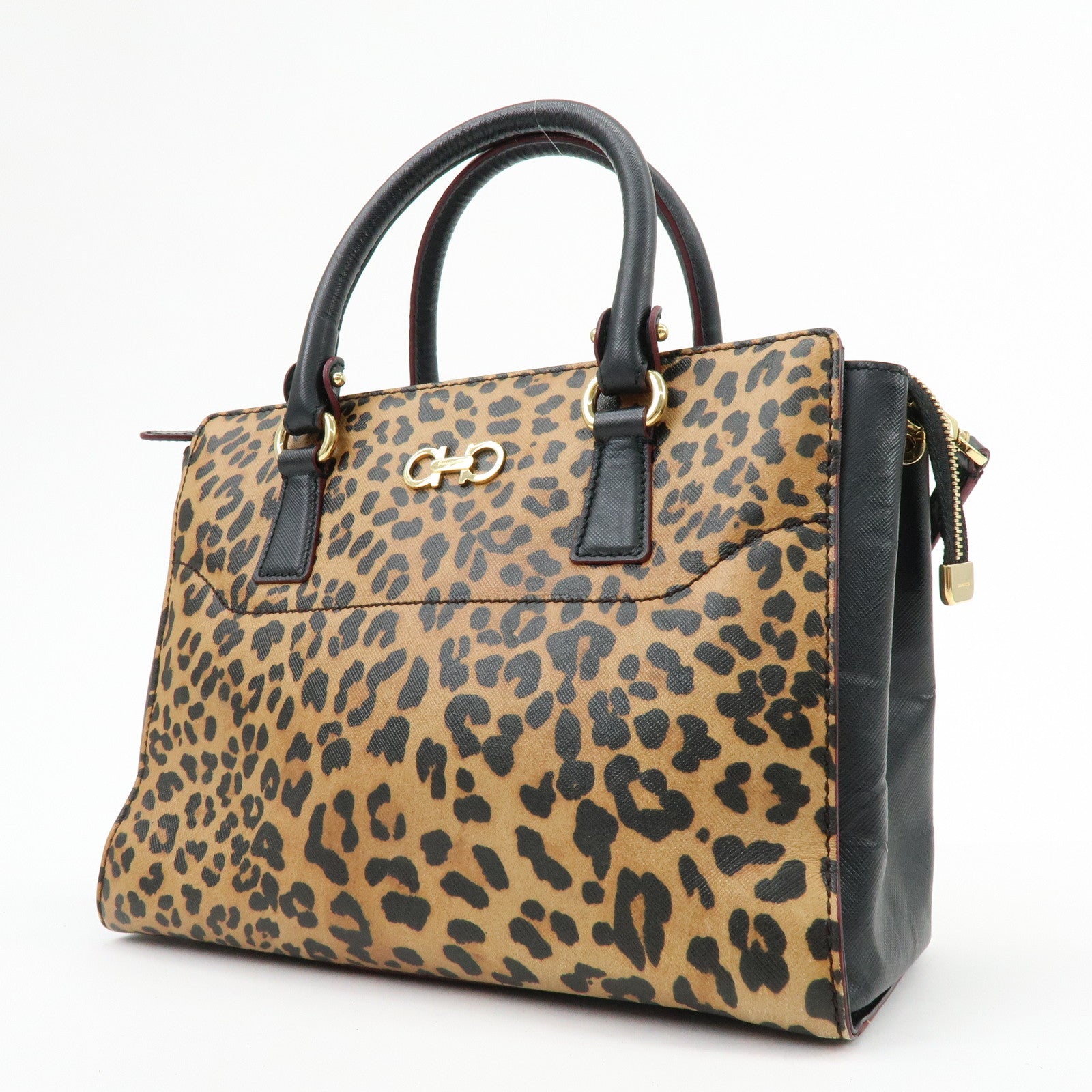 Ferragamo Gancini Leather 2Way Bag Hand Bag Leopard Motif Black
