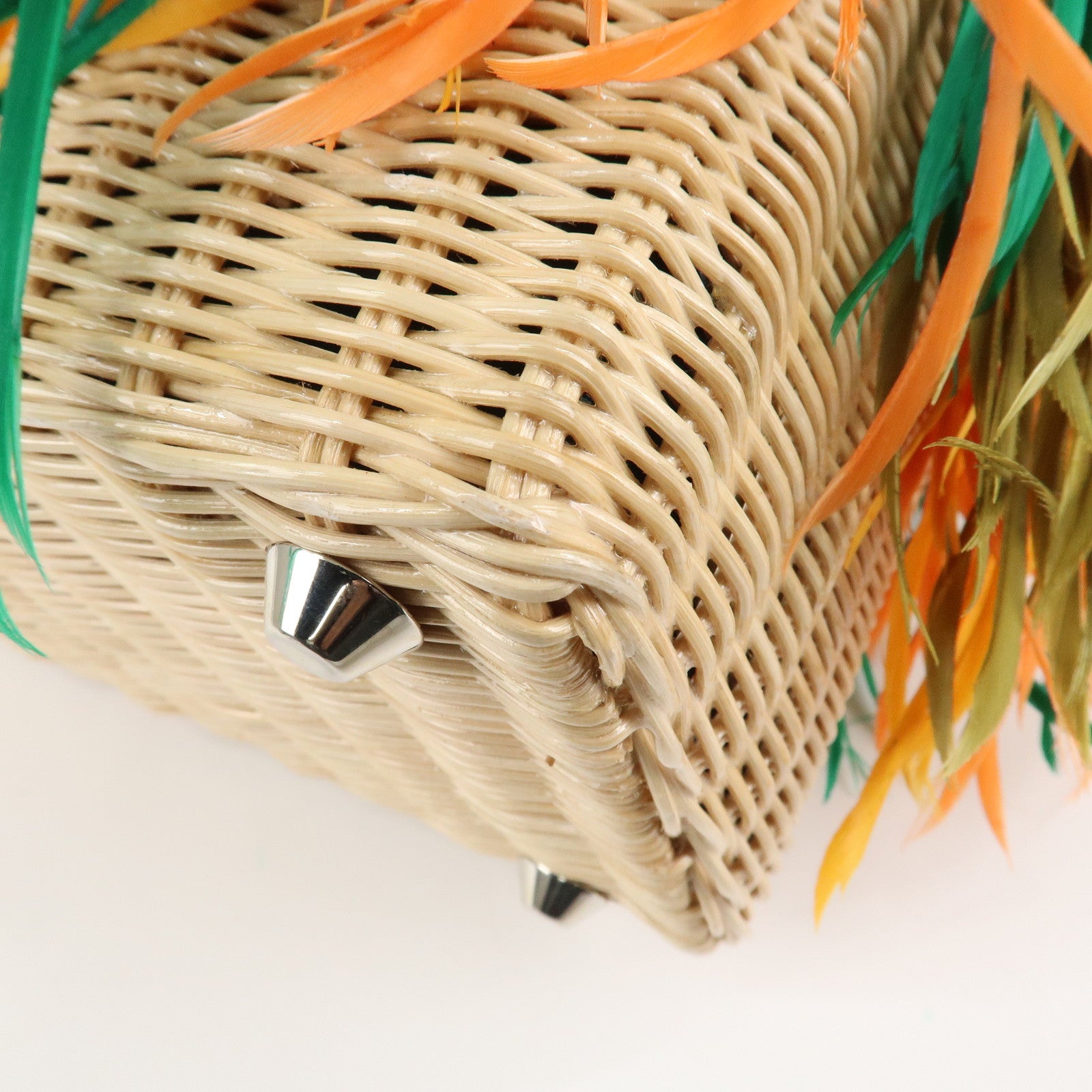 PRADA Wicker Canvas Basket Bag Beige Multicolor Silver HDW 1BG835