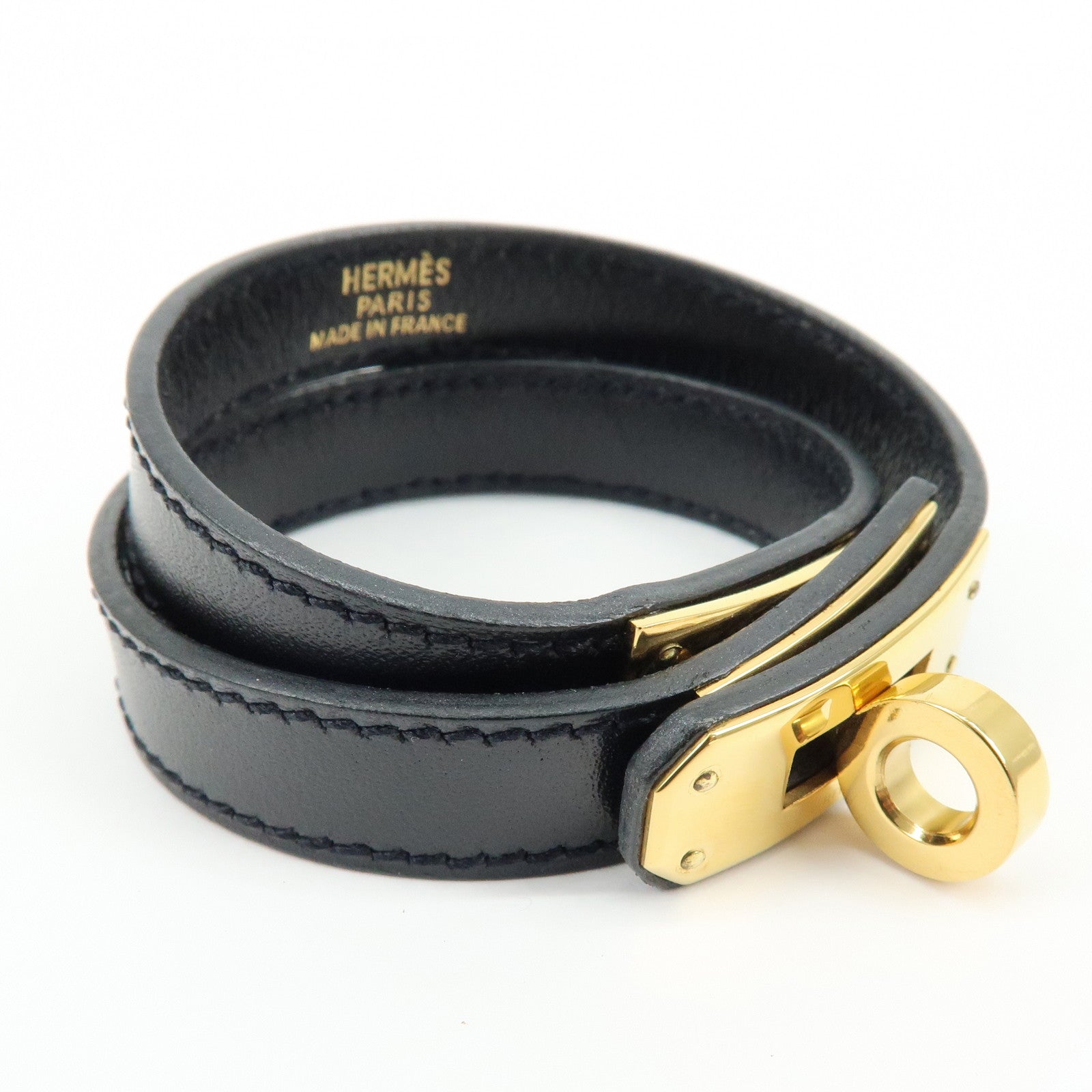 HERMES Kelly Double Tour Leather □F Stamped Bracelet Black