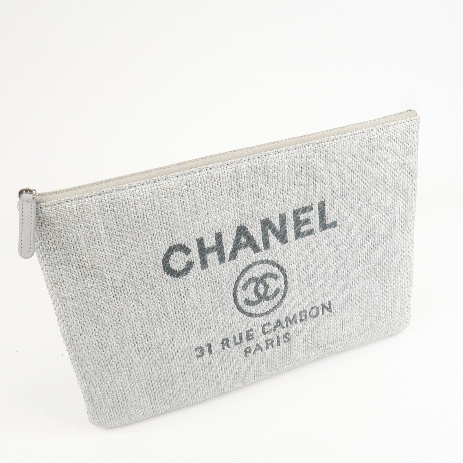 CHANEL Deauville Nylon Canvas Pouch Clutch Bag Light Gray A80118