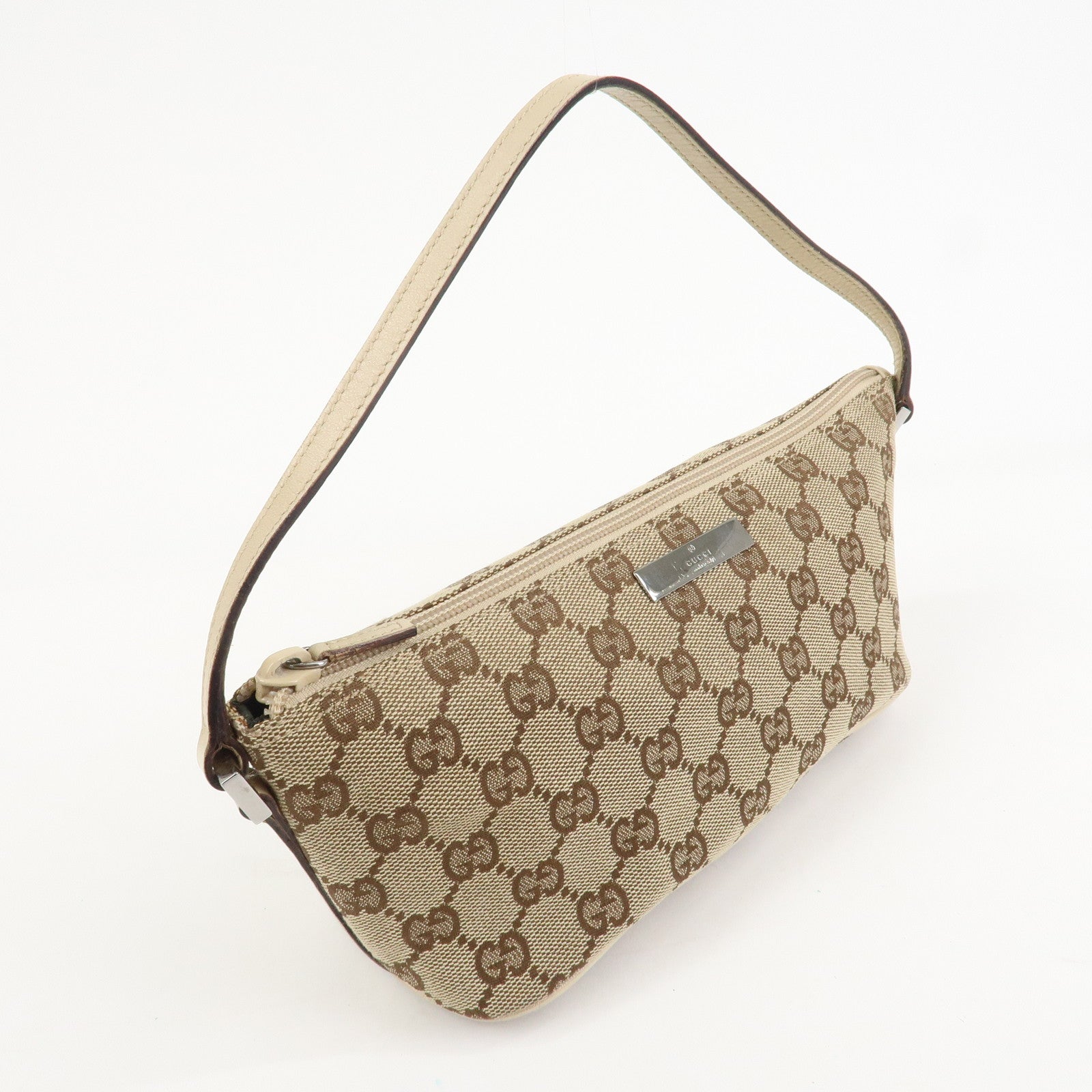 GUCCI Boat Bag GG Canvas Leather Hand Bag Pouch Beige Brown 07198