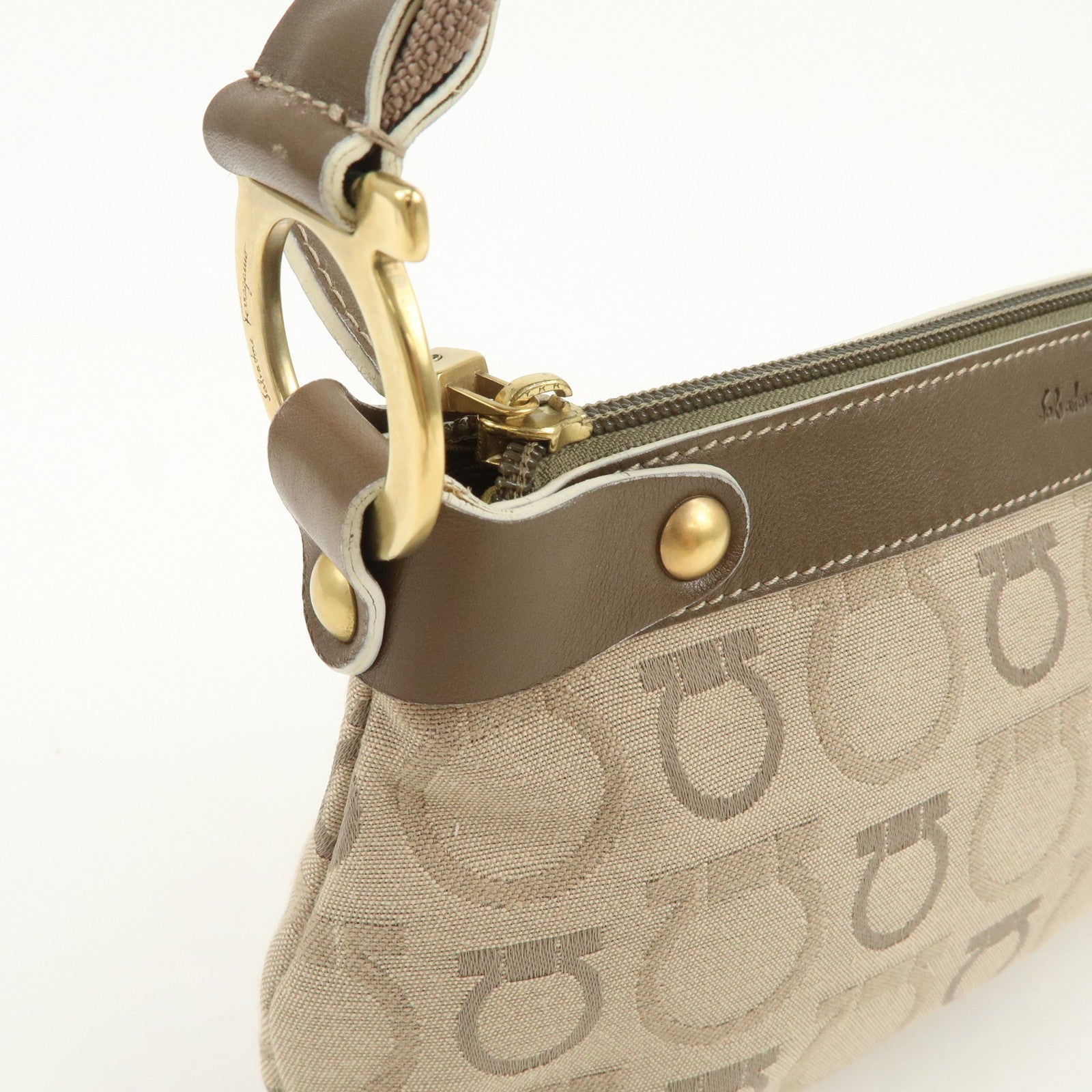 Ferragamo Gancini Canvas Leather Shoulder Bag Hand Bag Beige Brown