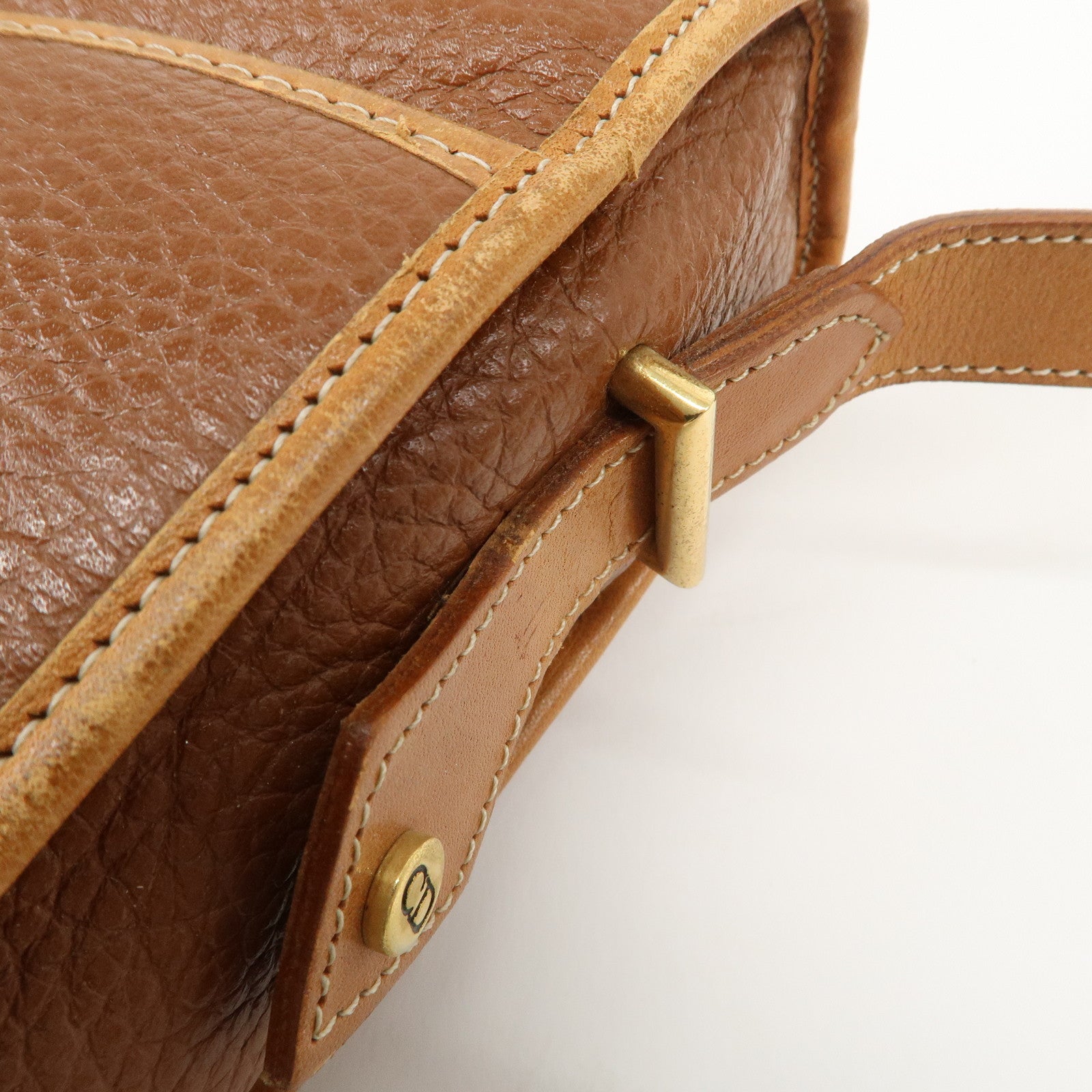 Christian Dior Logo Leather Shoulder Bag Brown Gold HDW