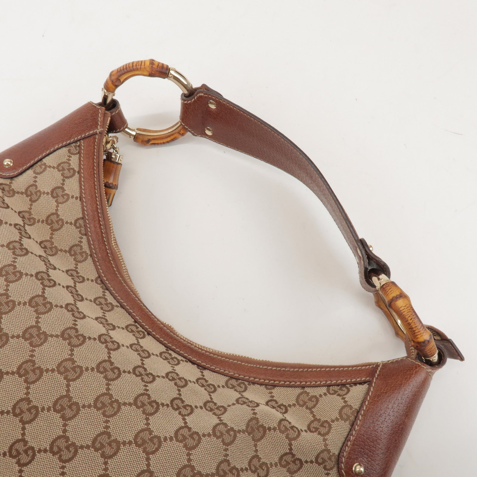 GUCCI Bamboo GG Canvas Leather Shoulder Bag Beige Brown 137577
