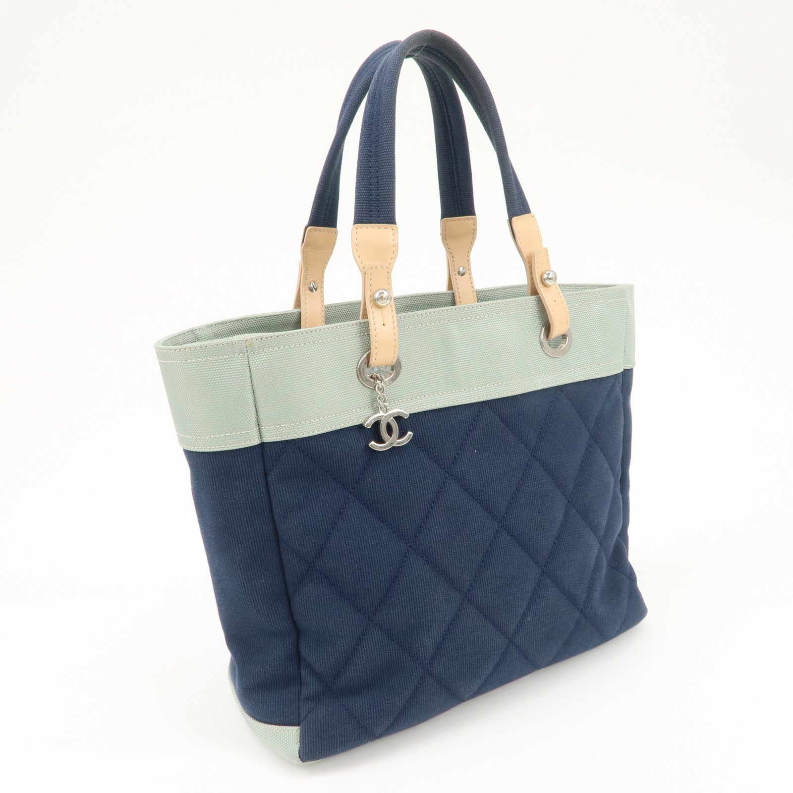 CHANEL Paris Biarritz Canvas Leather Tote Bag MM Navy A43209 Used
