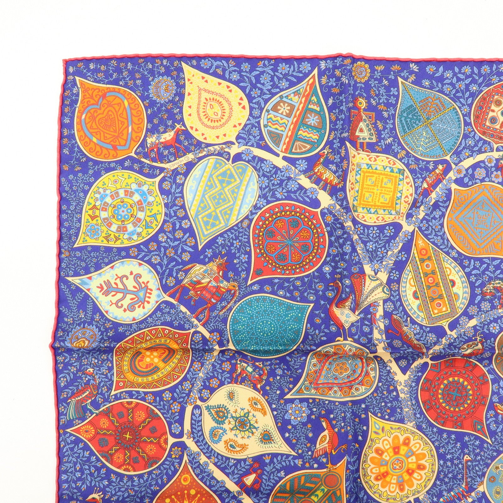 HERMES Carre 45 Silk 100% LArbre devie Scarf Blue Red Muticolor
