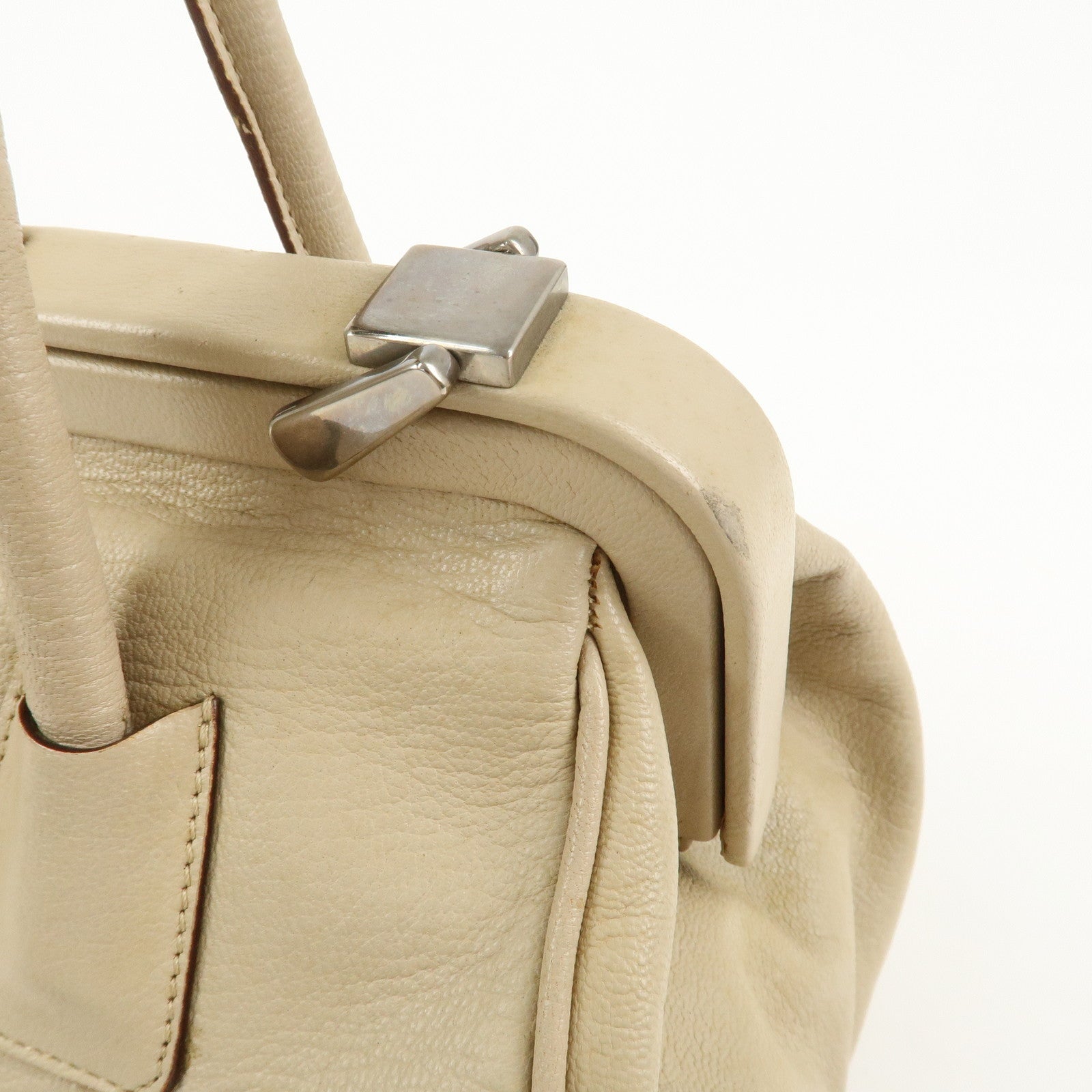 PRADA Leather Doctors Bag Hand Bag Beige Silver