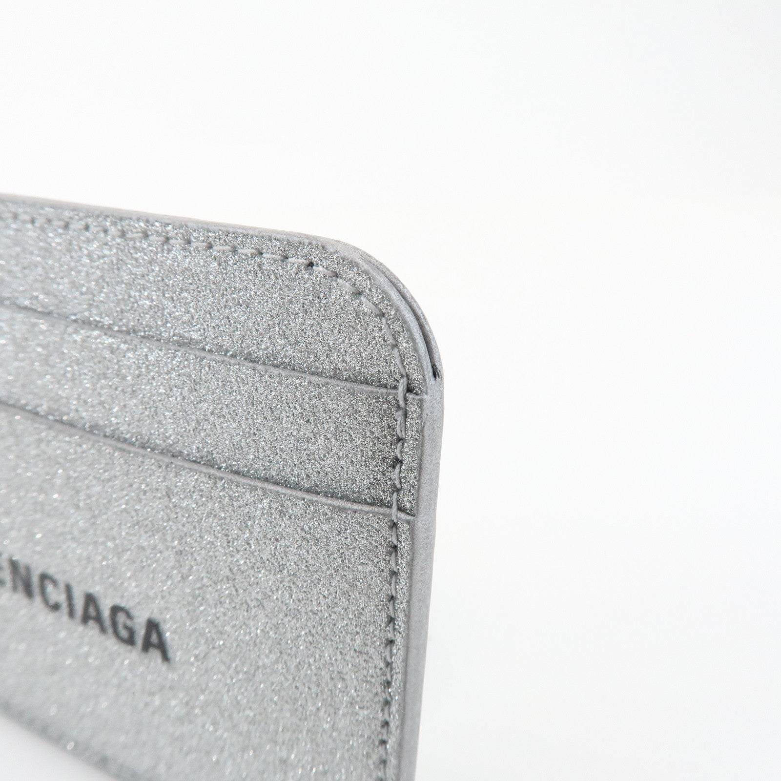 BALENCIAGA Logo Leather Card Case Card Holder Silver
