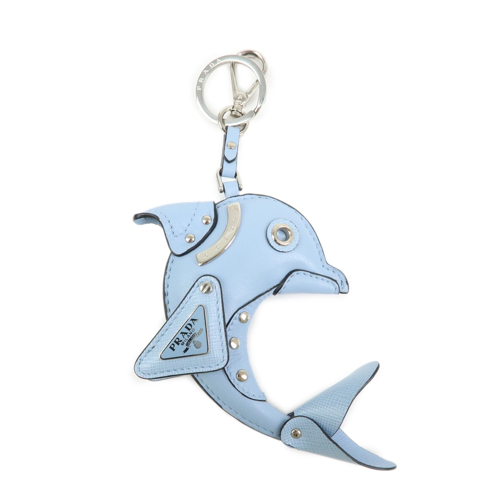 PRADA Triangle Logo Dolphin Motif Leather Key Charm Light Blue