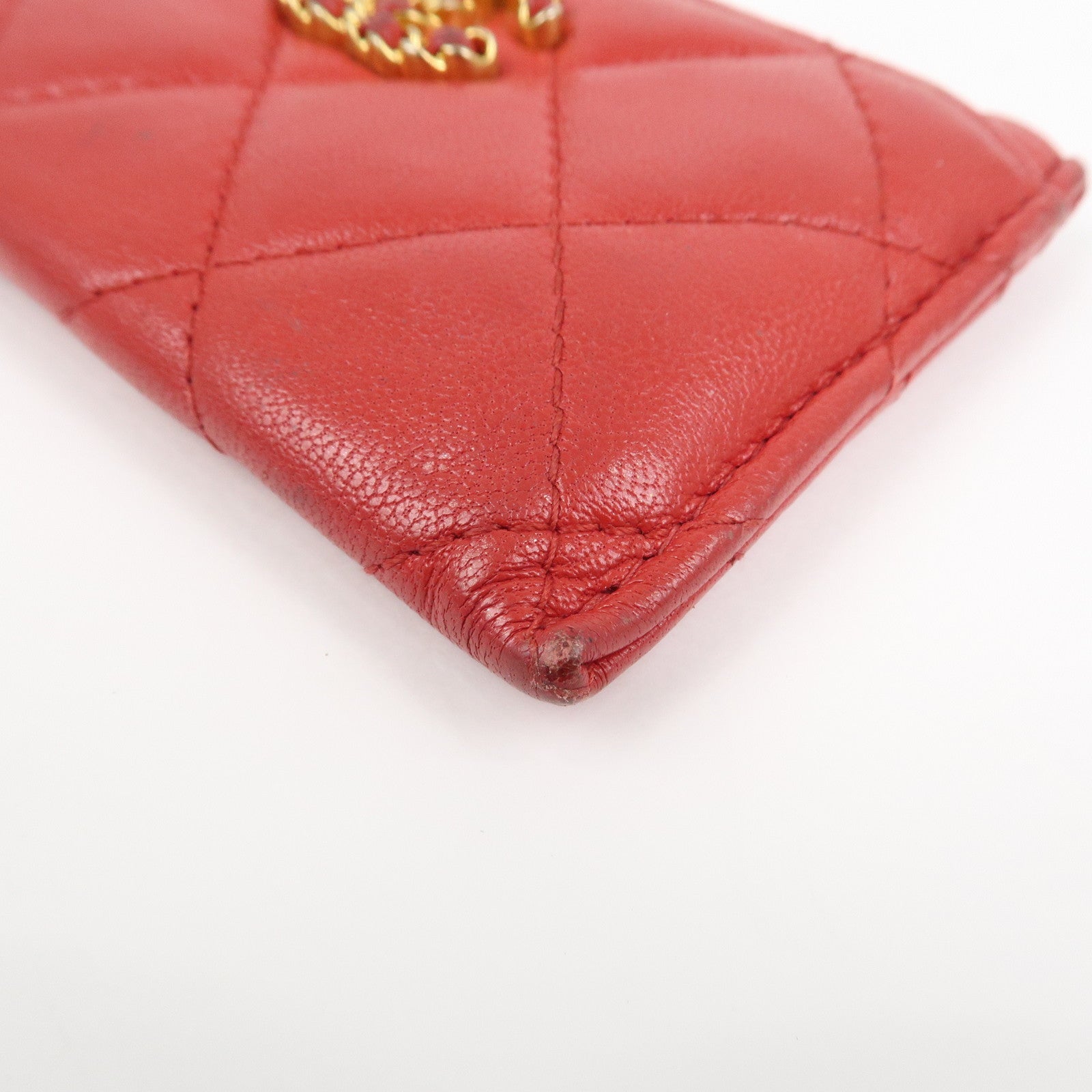 CHANEL COCO Mark Matelasse Lamb Skin Card Case Red
