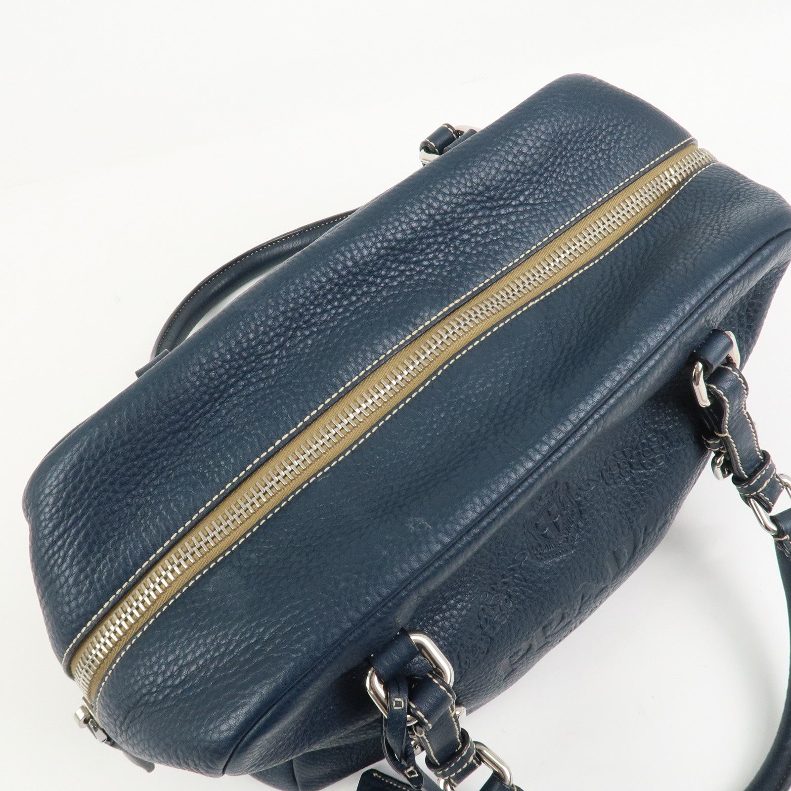 PRADA Logo Leather Boston Bag Hand Bag Navy BR3091
