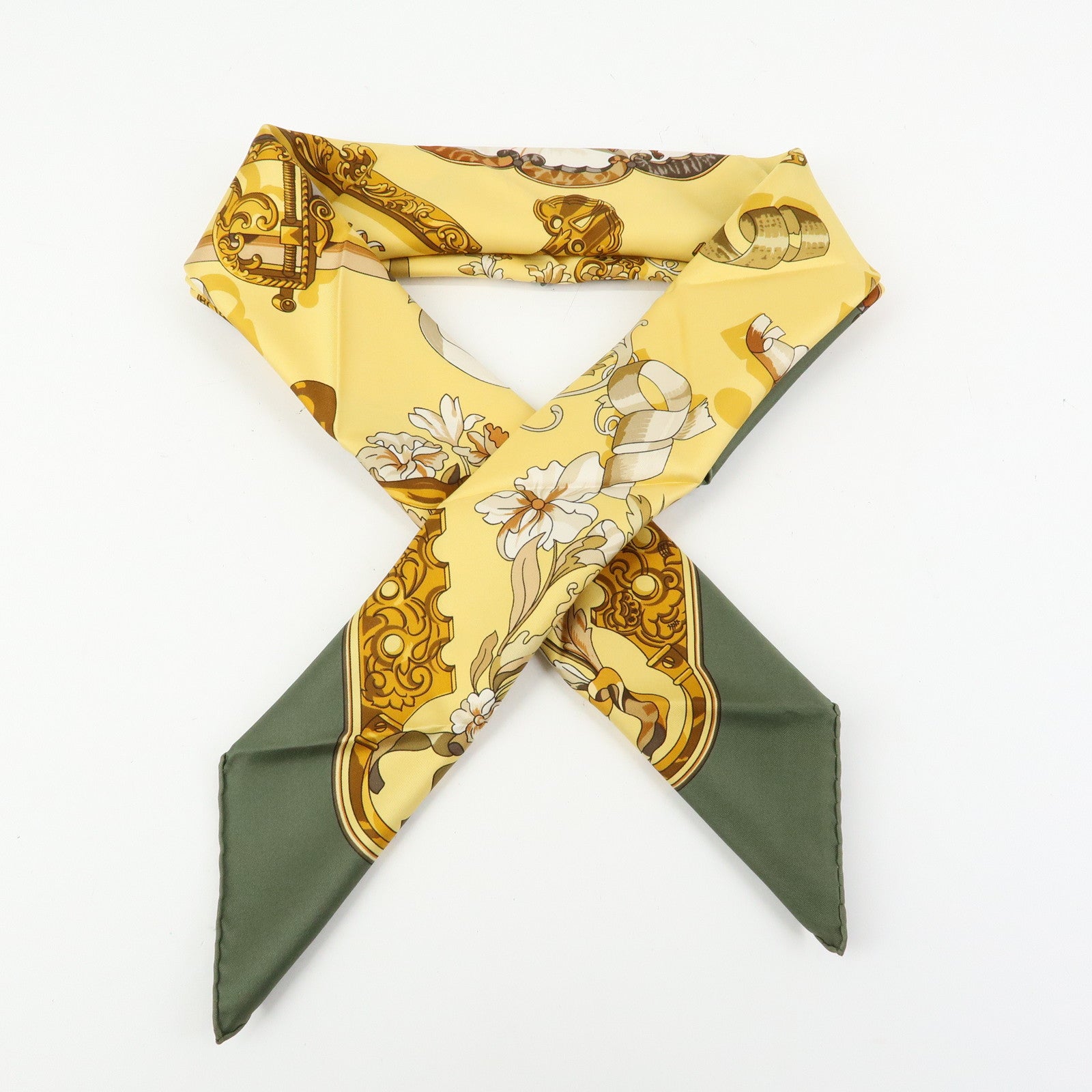 HERMES Carre 90 Silk 100% Scarf Copeaux Gold Yellow Moss Green