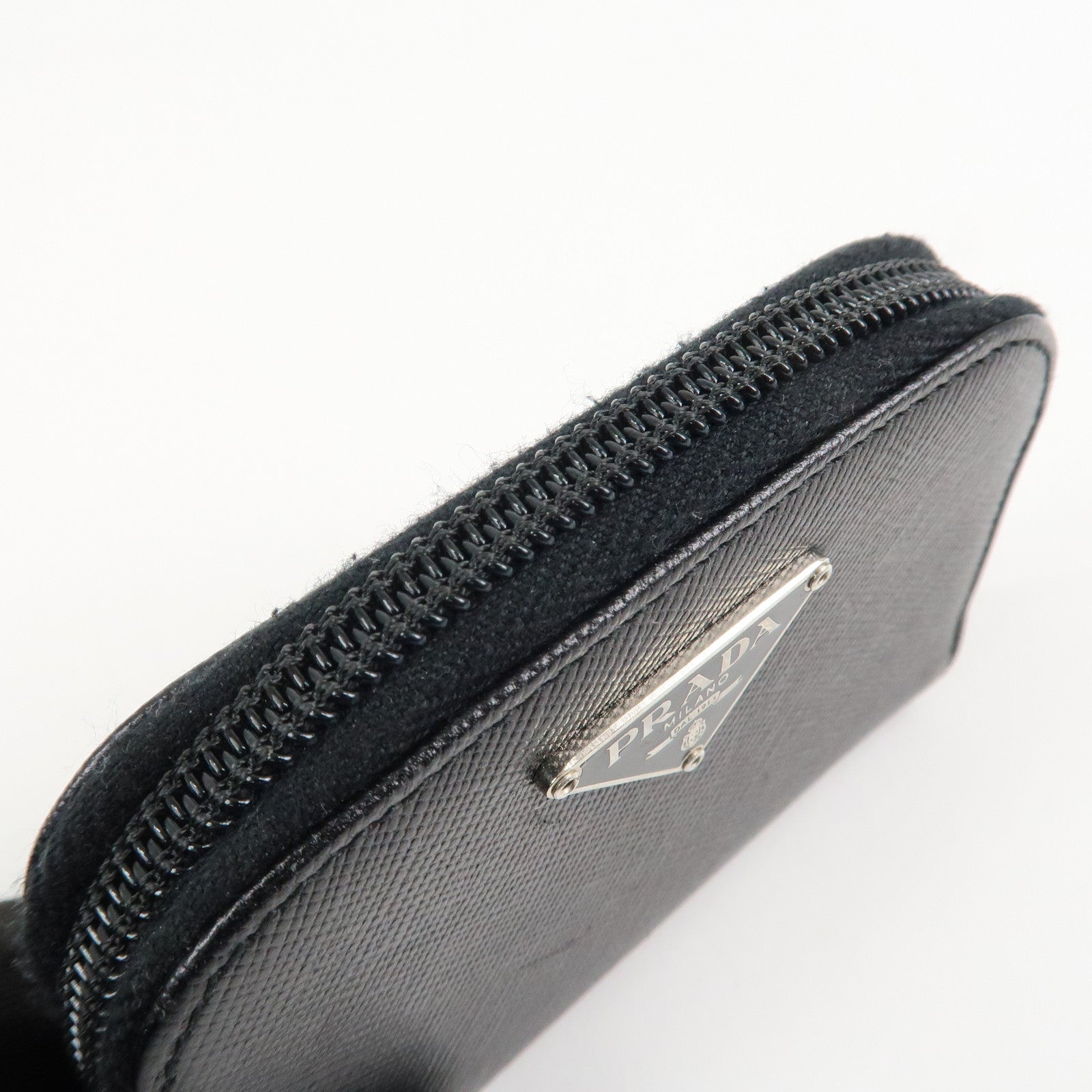 PRADA Triangle Logo Saffiano Leather Round Zippy Coin Case Black
