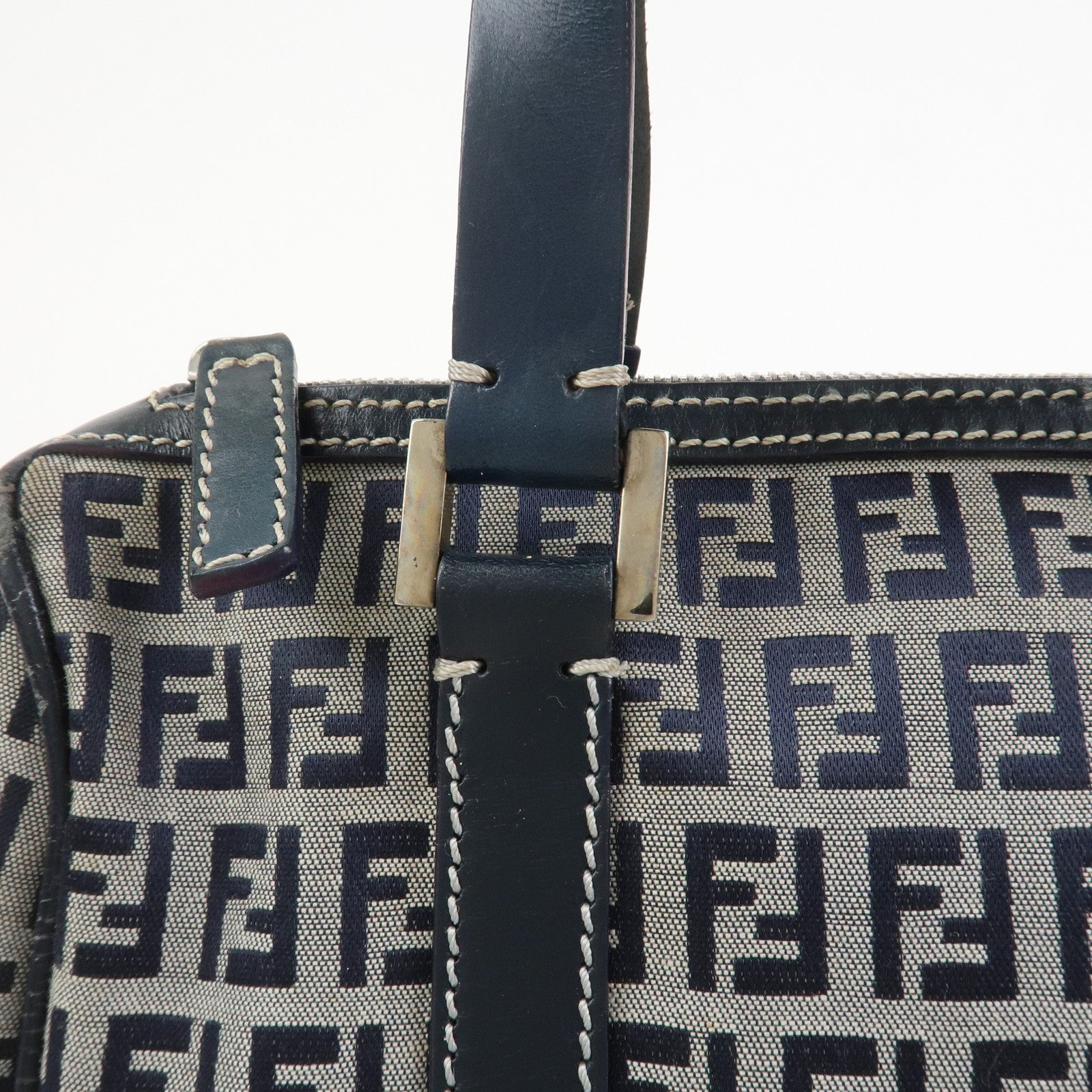 FENDI Zucchino Canvas Leather Hand Bag Mini Boston Bag Navy 16327