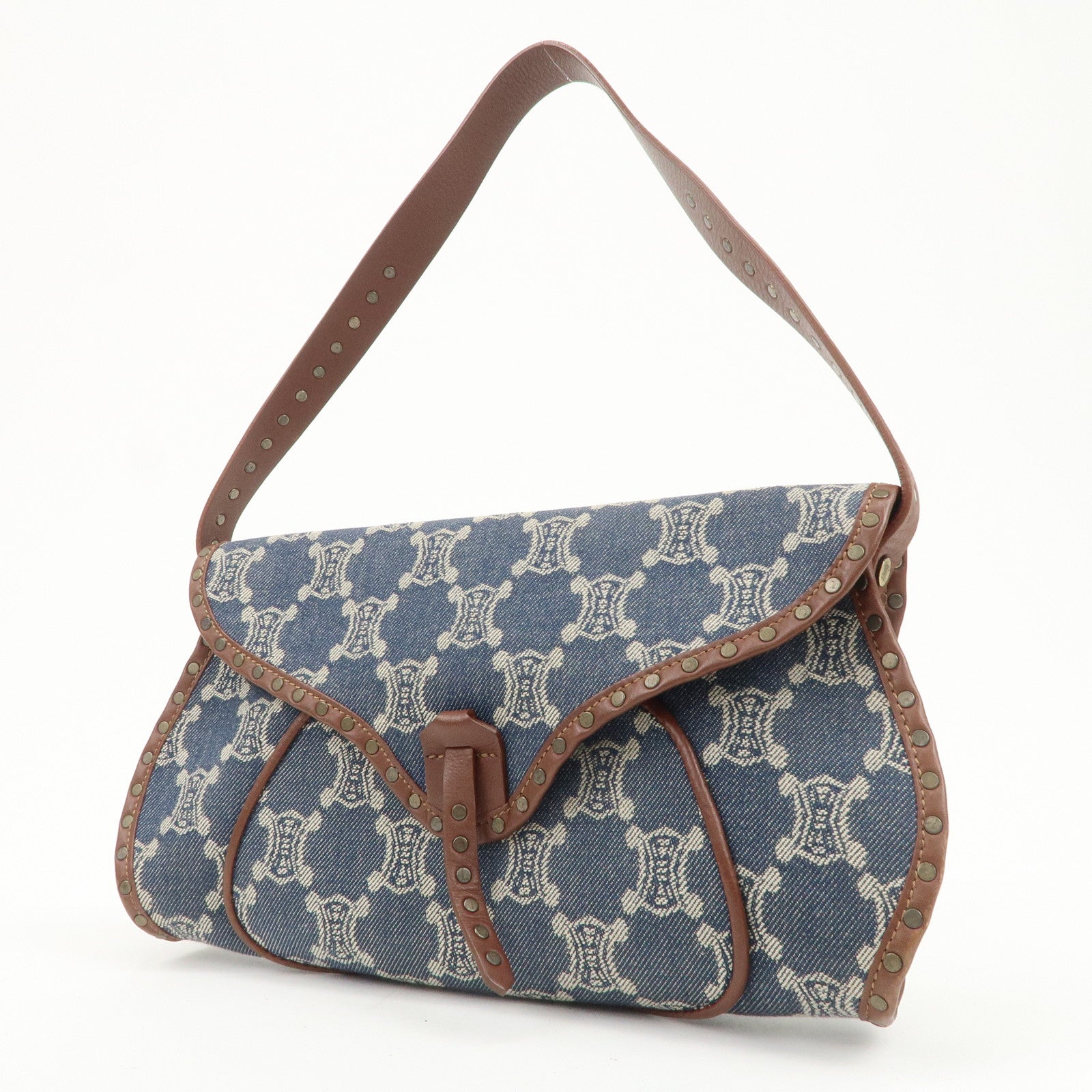 CELINE Macadam Canvas Leather Shoulder Bag Hand Bag Navy Brown