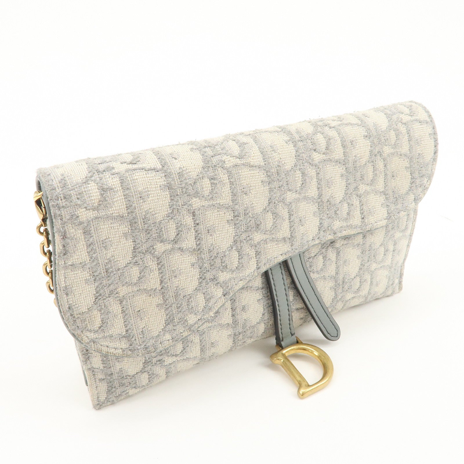 Christian Dior Oblique Jacquard Calf Leather Chain Wallet Gray WOC