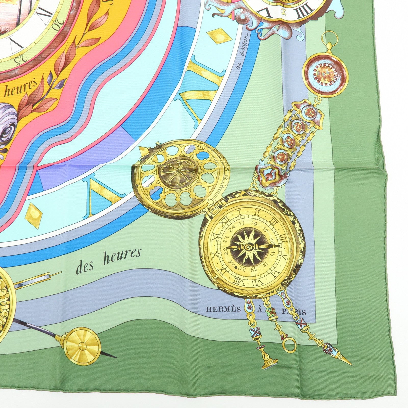 HERMES Carre 90 Silk 100% Scarf la ronde des heures Green Gray Pink