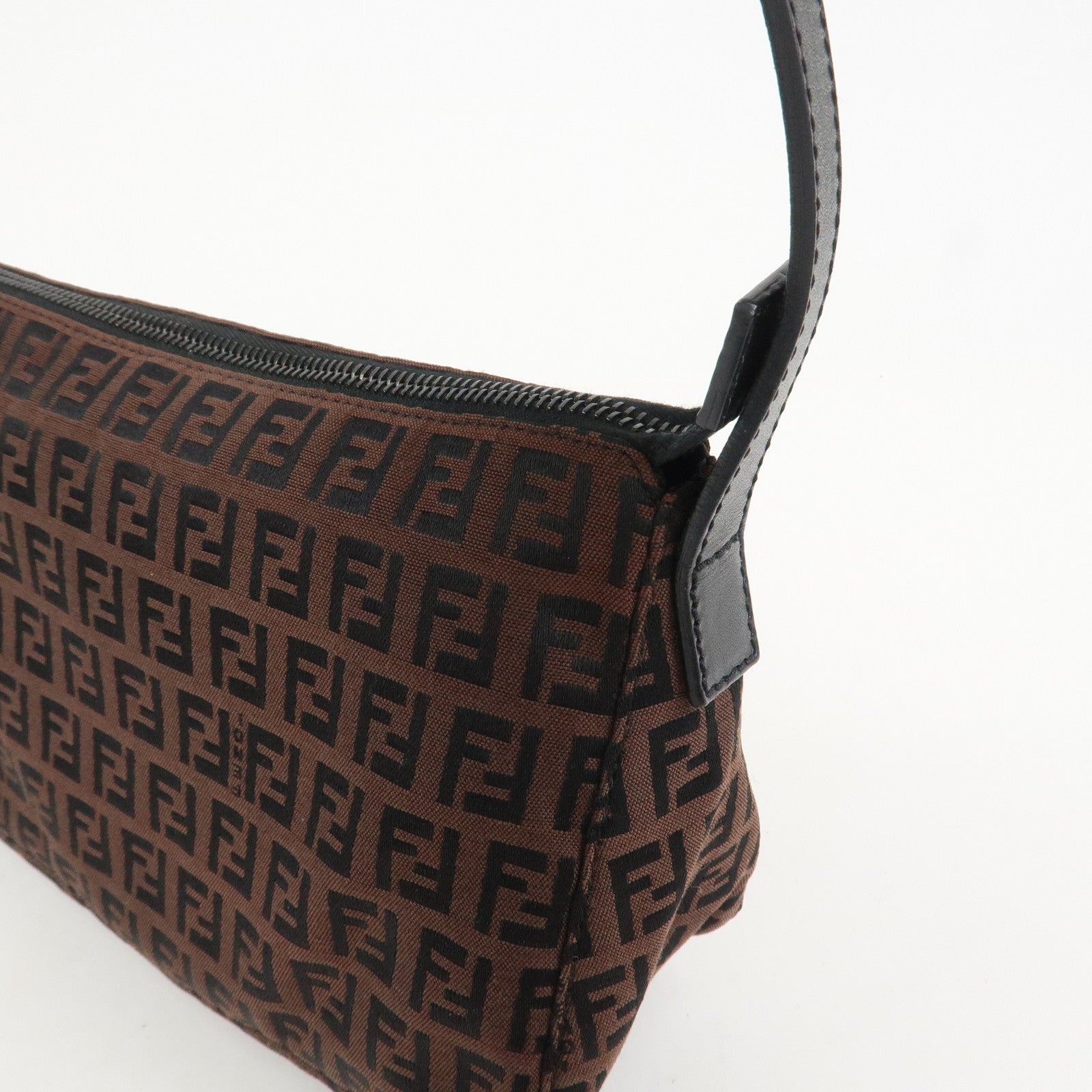 FENDI Zucchino Canvas Leather Shoulder Bag Hand Bag Brown 8BR444