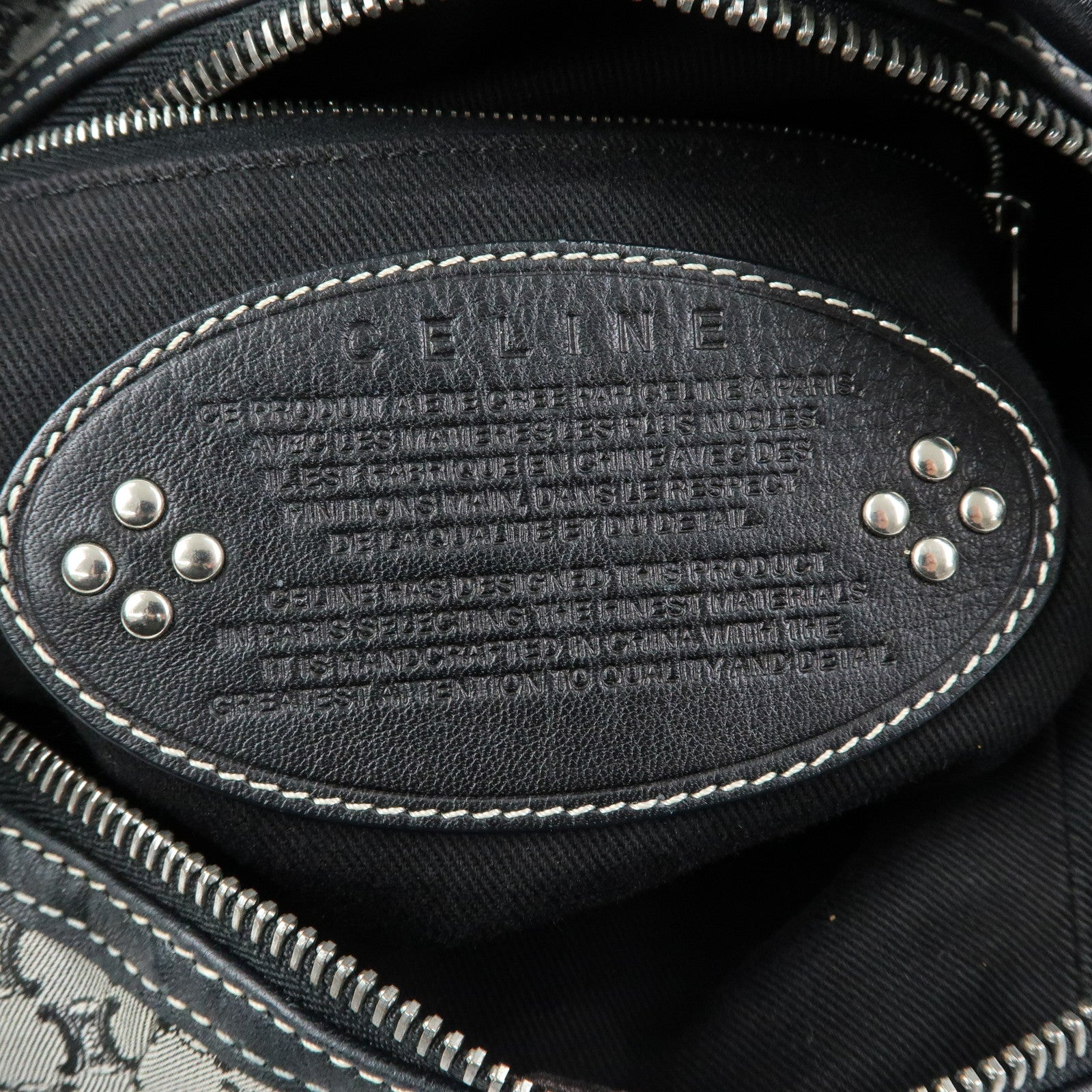CELINE Macadam Canvas Leather Hand Bag Shoulder Bag Navy