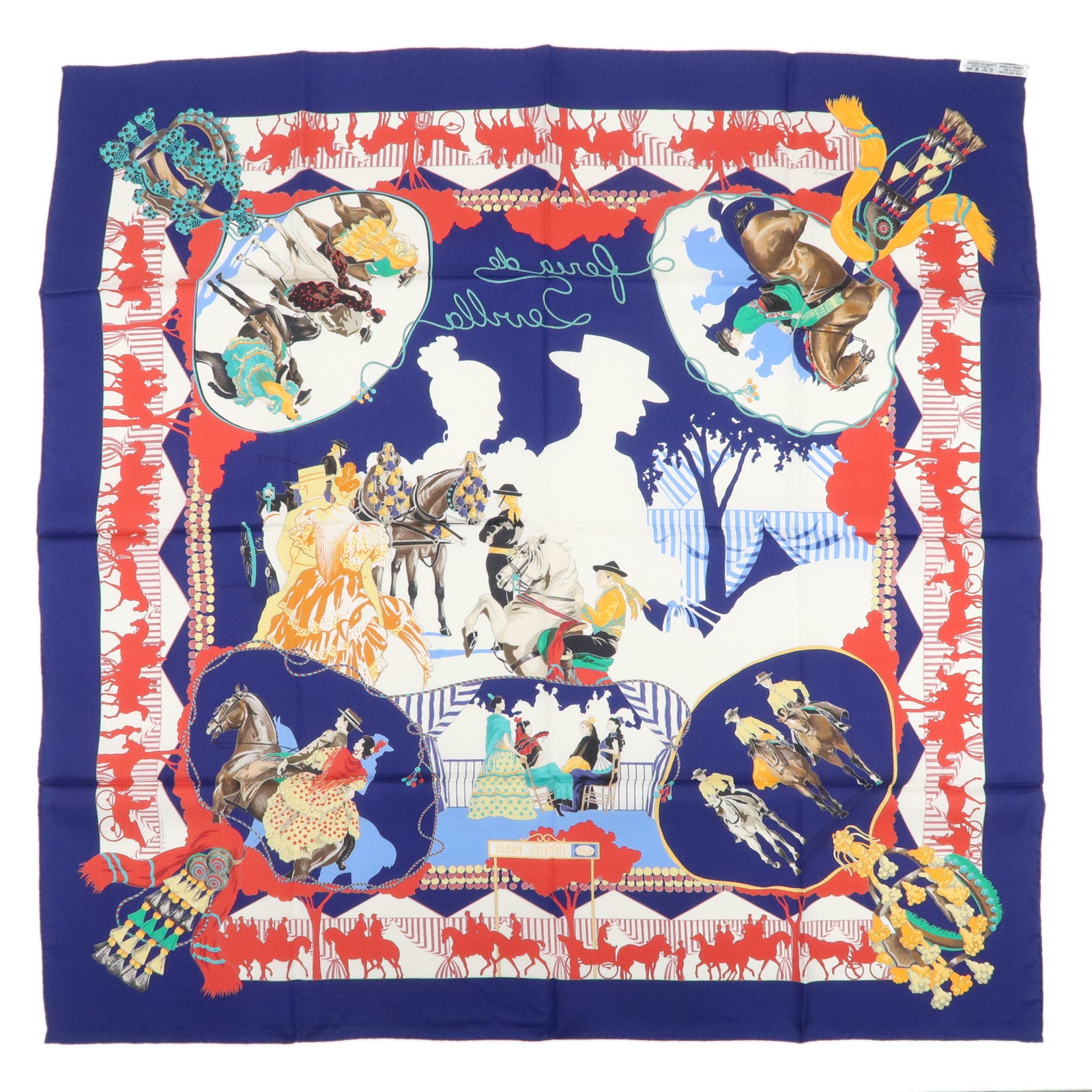HERMES Carre 90 Silk 100% Scarf FERIA DE SEVILLA Navy White Red